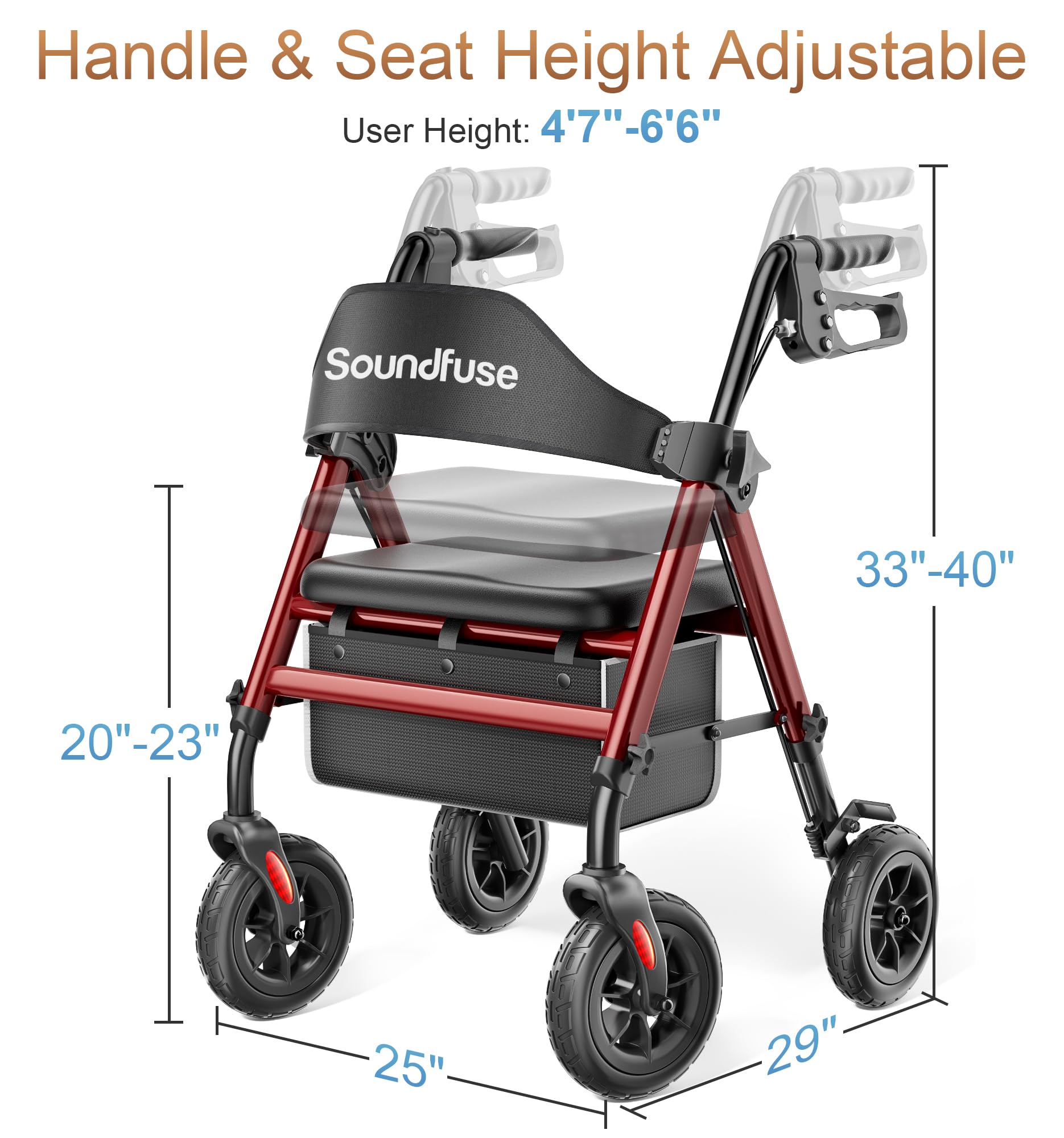 SOUNDFUSE Rollator Walkers for Seniors with Seat, Foldable Lightweight Rolling Walker with 8" Big PU Wheels, Ergonomic Seat, Dual Height Adjustment