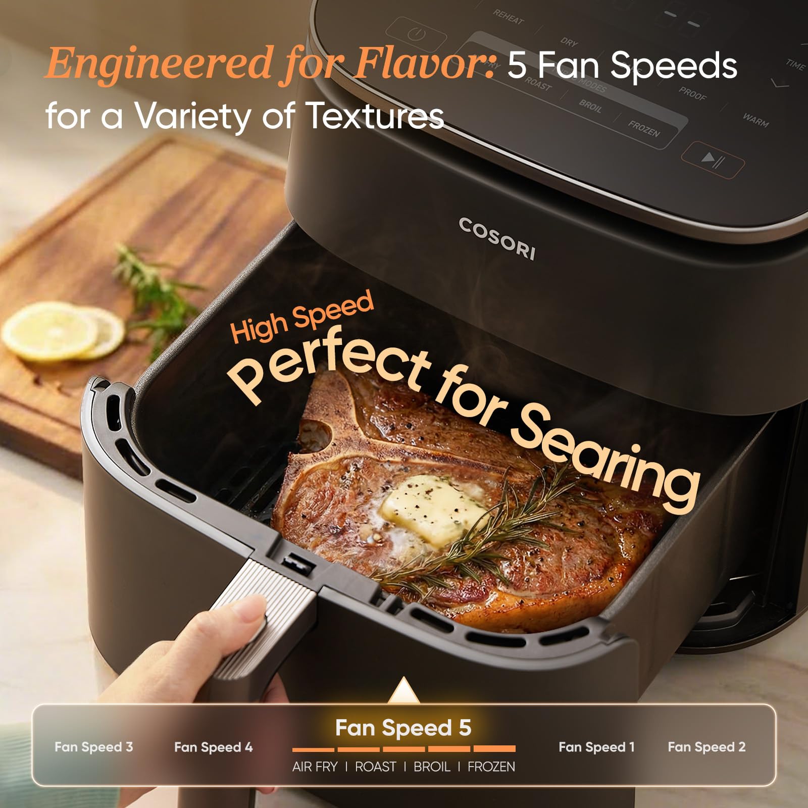 Cosori 9-in-1 TurboBlaze Air Fryer 6 Qt, Premium Ceramic Coating, 90°ā450°F, Precise Heating for Even Results, Air Fry, Roast, Bake, Broil, Dry, Frozen, Proof, Reheat, Keep Warm, 120V, Dark Gray