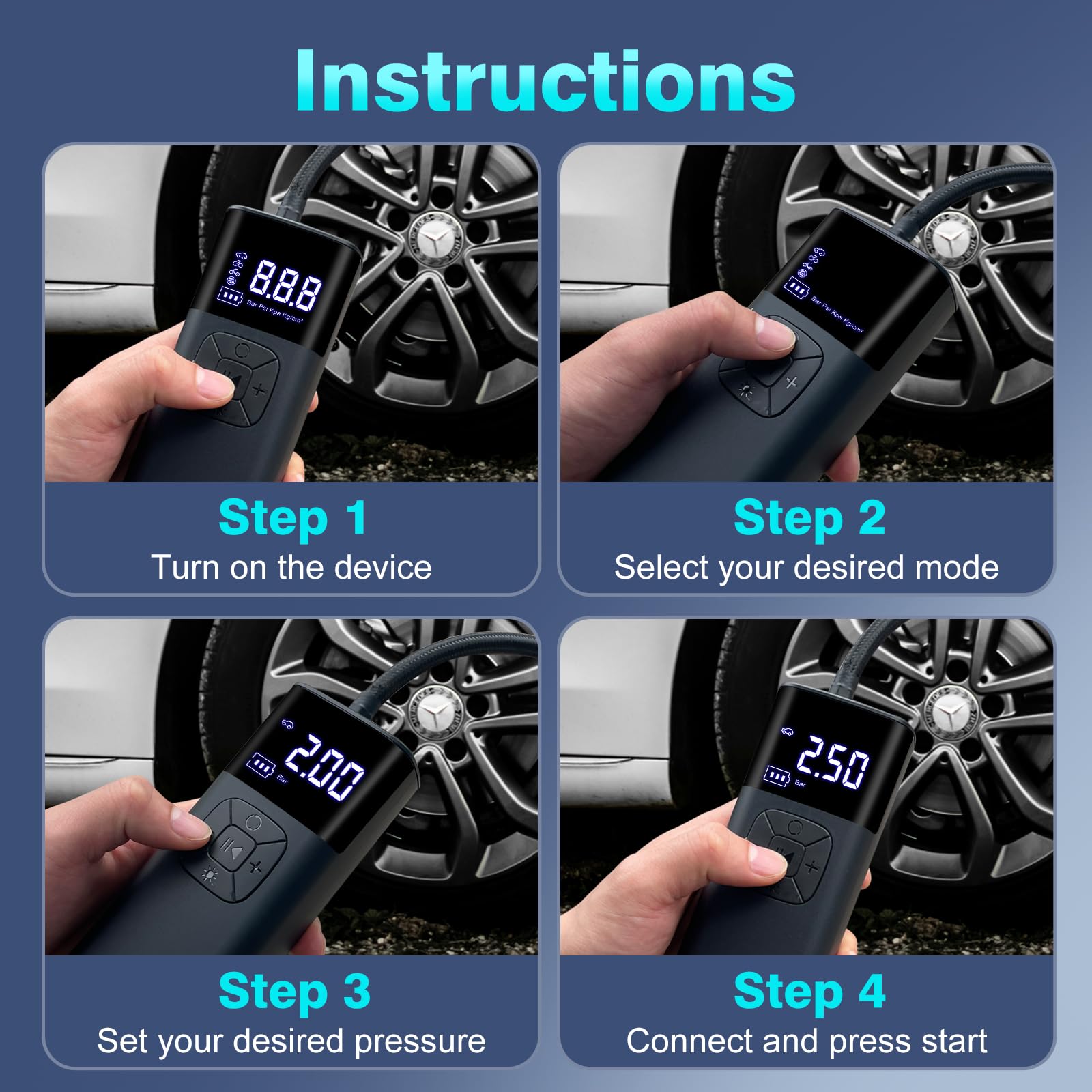 CJYGEGE Tire Inflator Portable Air Compressor - 12V DC, 150PSI, 4X Faster Cordless Air Pump with Digital Pressure Gauge and LED Light for Cars, Motorcycles, Bikes, Balls