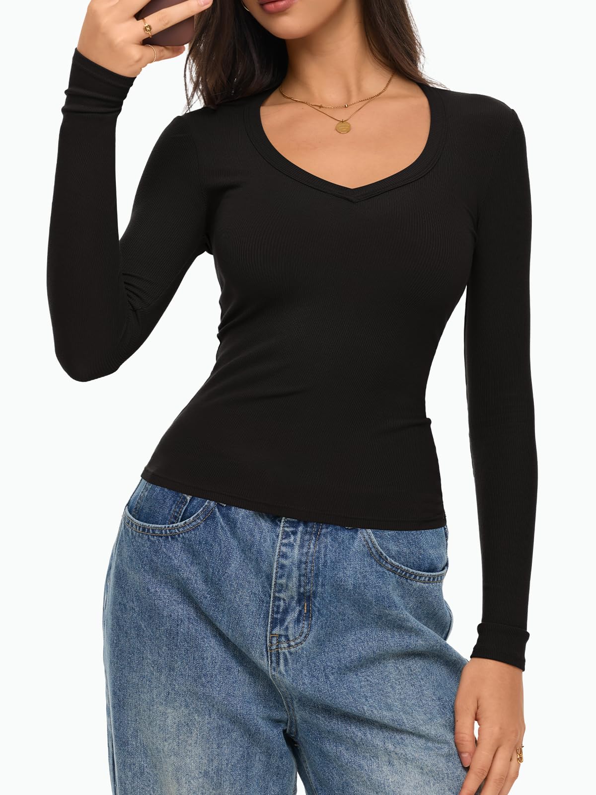 REORIA Womens Long Sleeve Shirts 2025 Fall Trendy Deep V Neck Slim Fit Basic Tops Casual Going Out Top Tee Blouse Black Medium