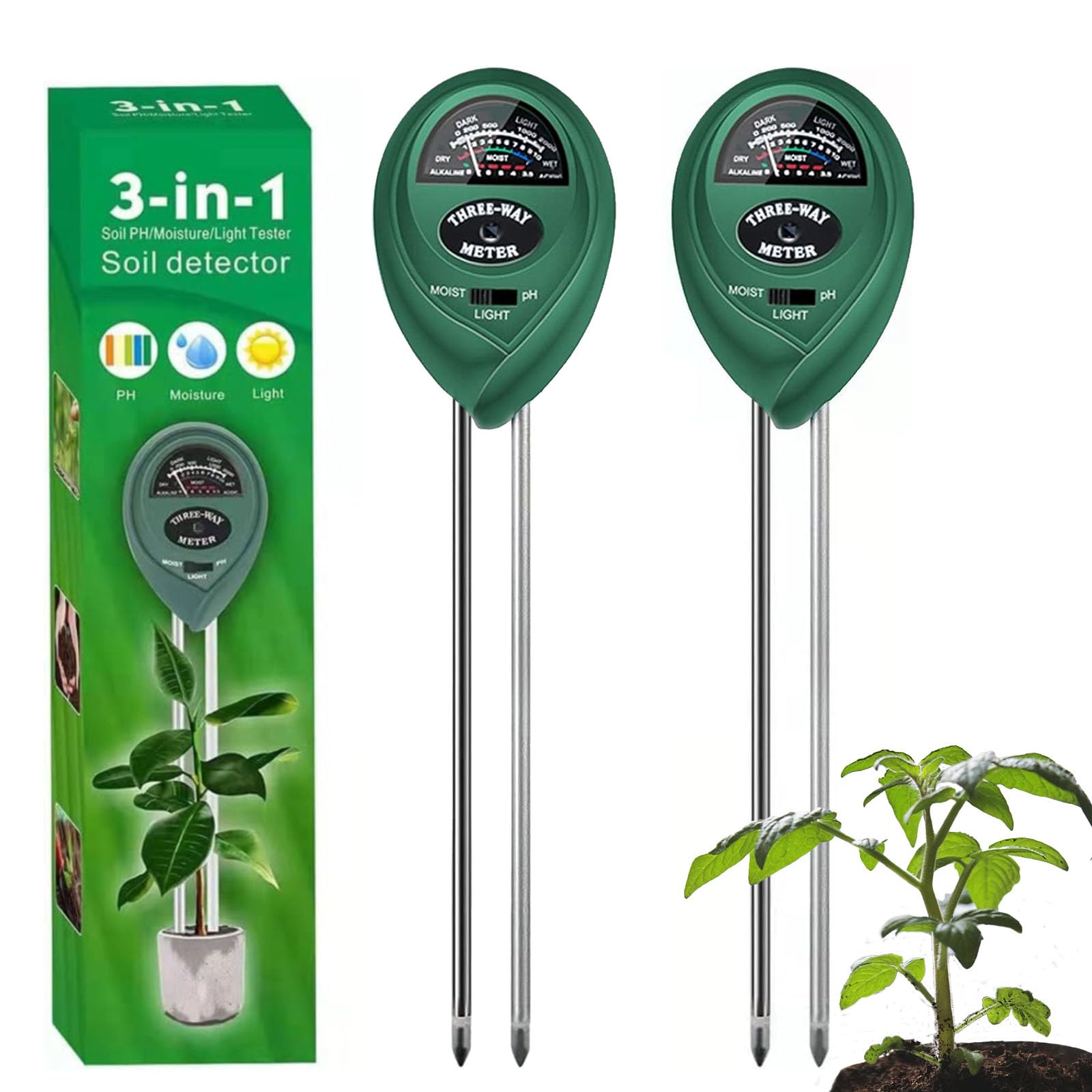 Maxsolve 2 Pack Soil Tester, 3-in-1 Plant Moisture Meter Light and PH Tester Garden Lawn Farm, Indoor and Outdoor Use, Soil Test Kit Acidity Water