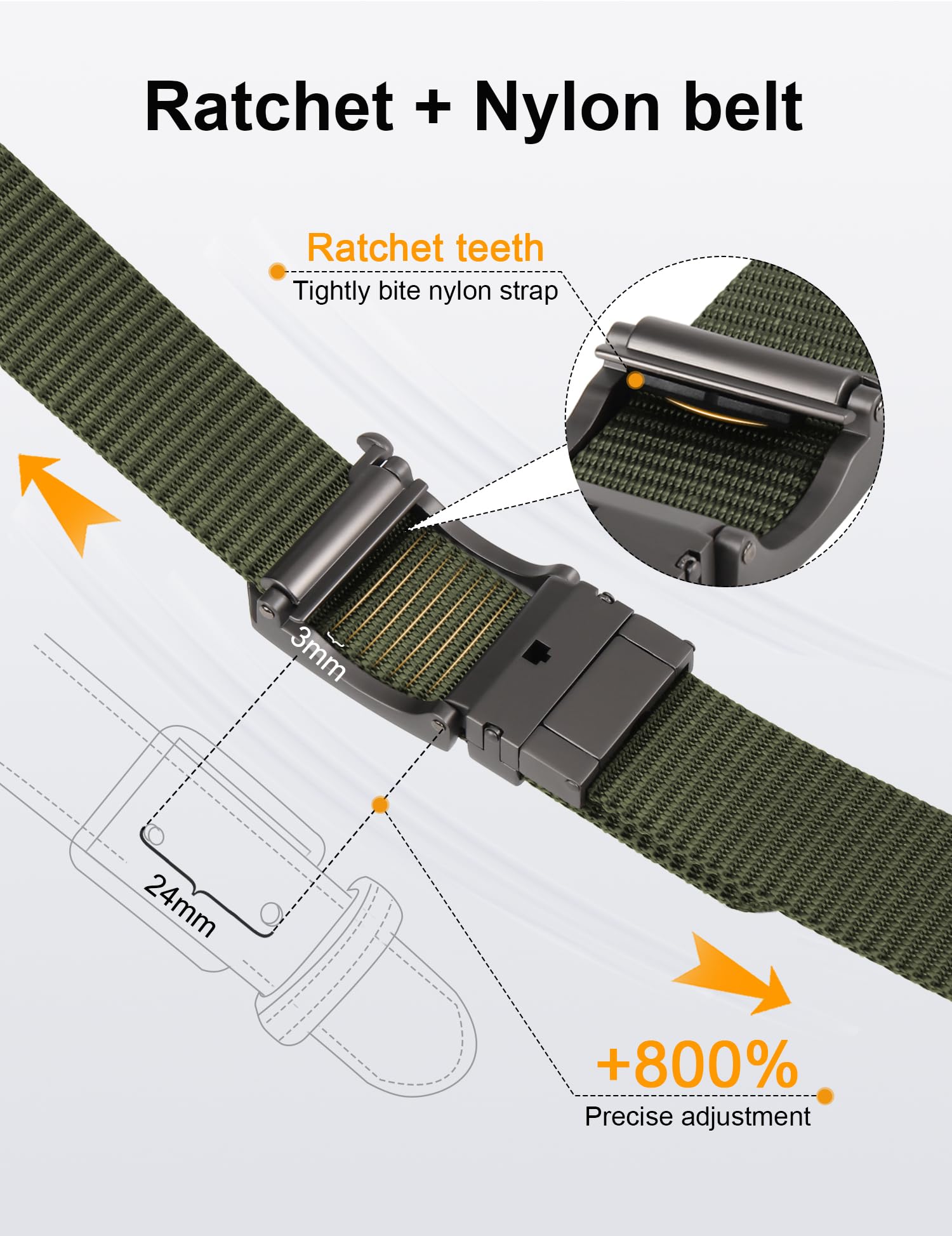 JUKMO Reversible Ratchet Belt, Nylon Web Tactical Work Belt with Automatic Slide Buckle (Green/Black, Medium-for Waist 38"-42" (Length 49"))