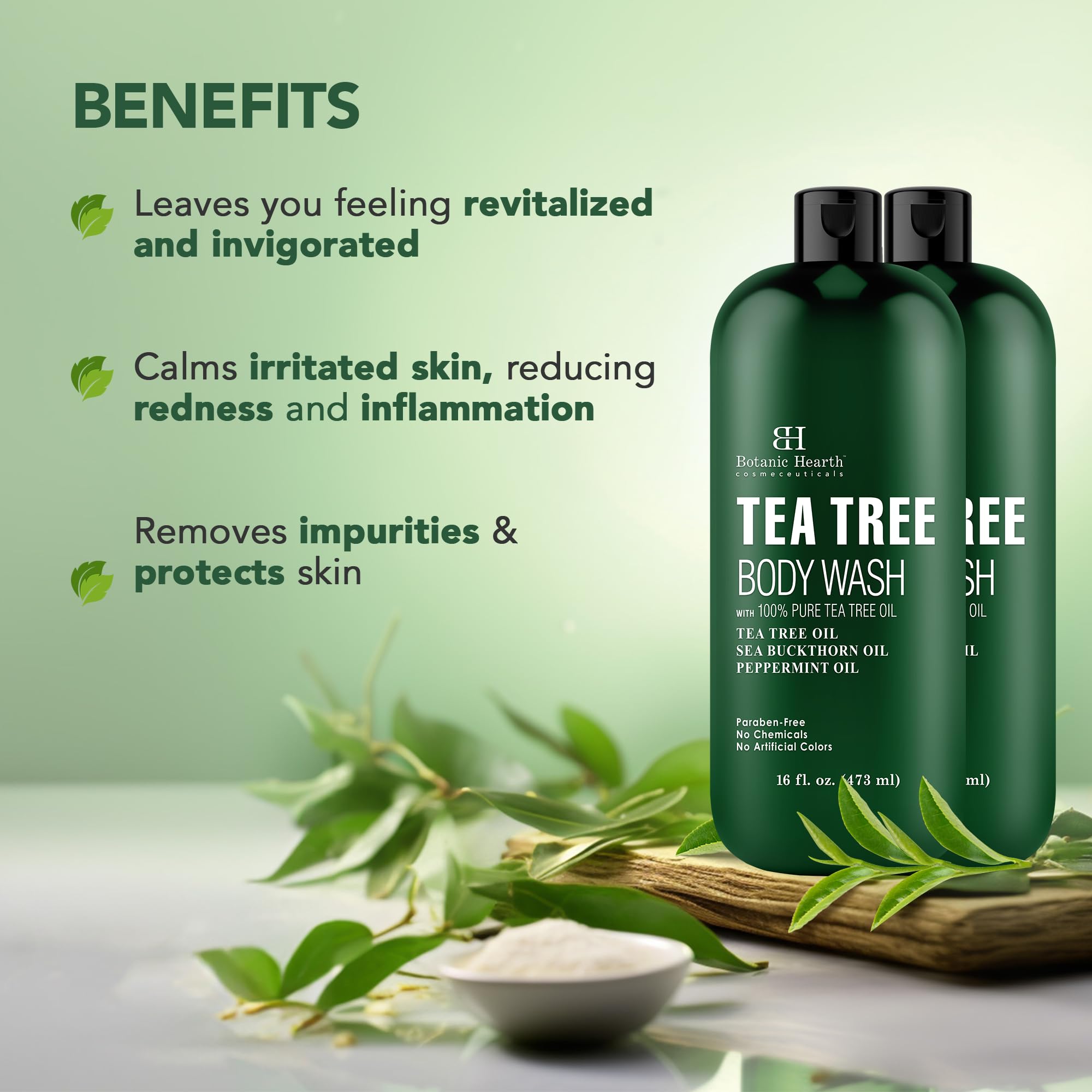 Botanic Hearth Tea Tree Body Wash with peppermint oil| for Men and Women 16 fl. oz. Pack of 2