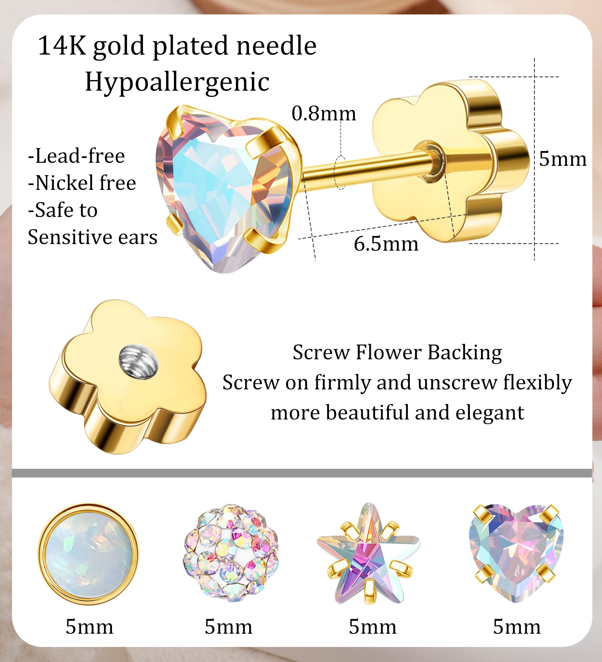 Enticera 4Pairs Hypoallergenic Flat Back Earrings for Women 14K Gold Cartilage Earring for Sensitive Skin Star Heart Opal Screw Back Nap Earrings Gold AB