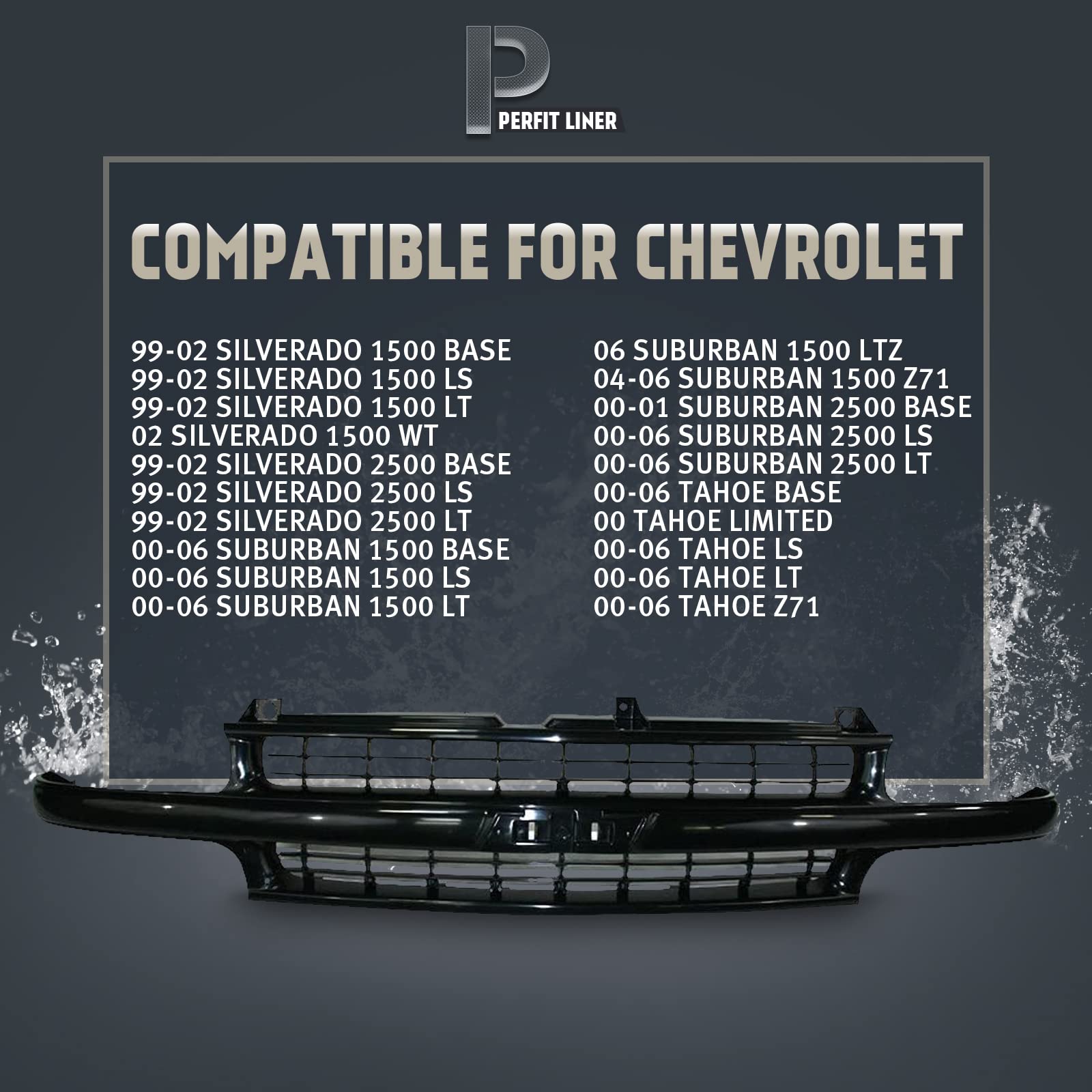 Perfit Liner Front Grille Grill Black Compatible with 1999-2002 Chevrolet Silverado 1500 2500 & 2000-2006 Tahoe Suburban 1500 2500 GM1200490 19131244