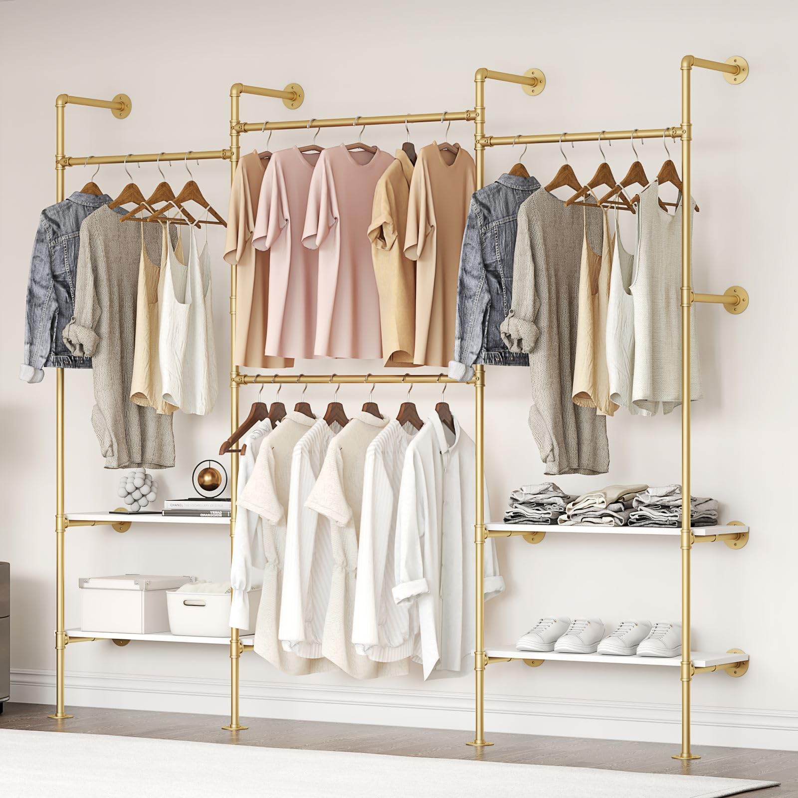 Woskar Industrial Pipe Clothing Rack, Wall Mounted Clothes Rack for Hanging Clothes, Retail Display Rack with Shelves, Add Corner installation Method (Gold, III-2Tier)