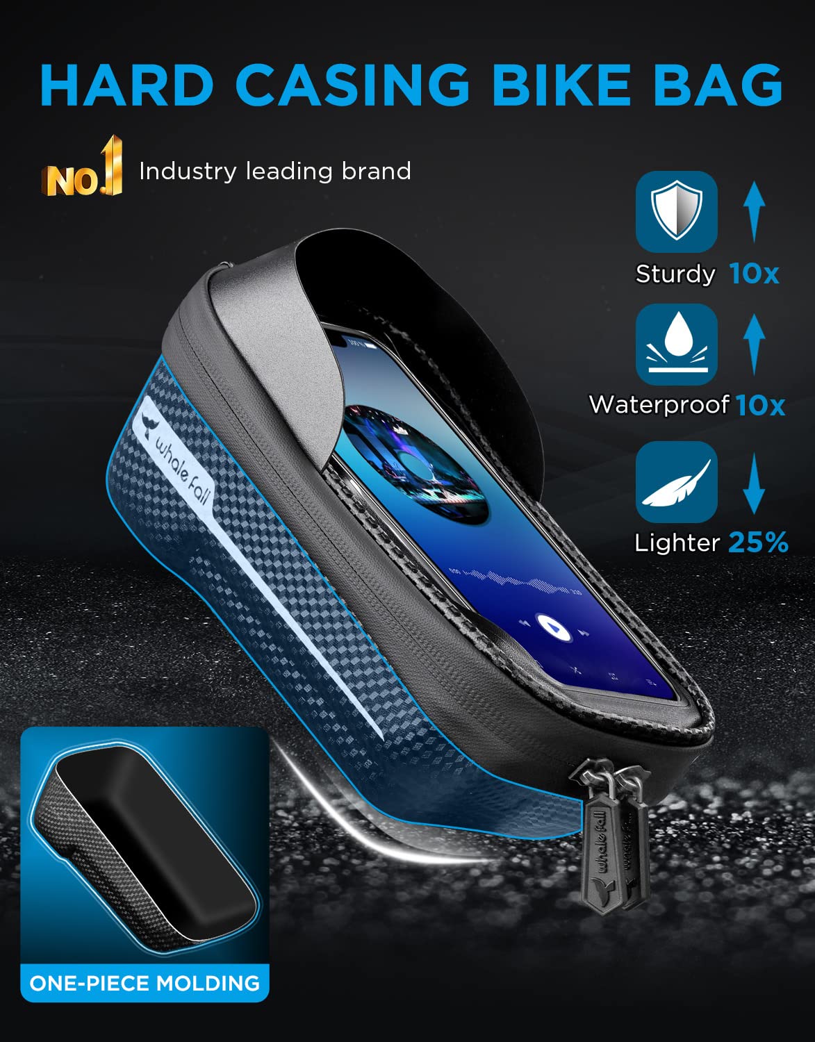 whale fall Hard Casing Bike Bag, Bike Accessories, Never Deform/Waterproof, Bike Phone Holder Bike Phone Mount with 0.25mm Sensitive TPU Touch-Screen, with Rain Cover for Phones under 6.9''