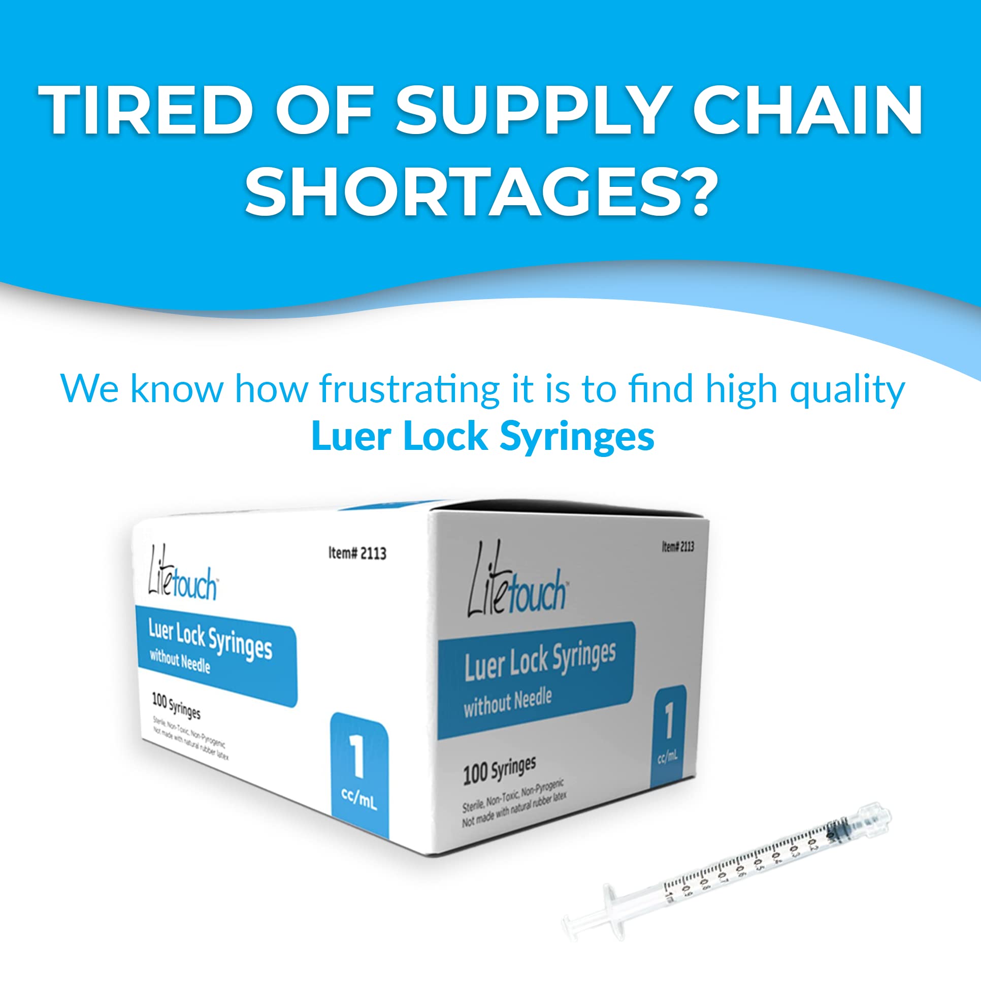 Litetouch 1ml Luer Lock Syringe, Sterile, Individually Sealed - 100 Syringes per Box (no Needle)