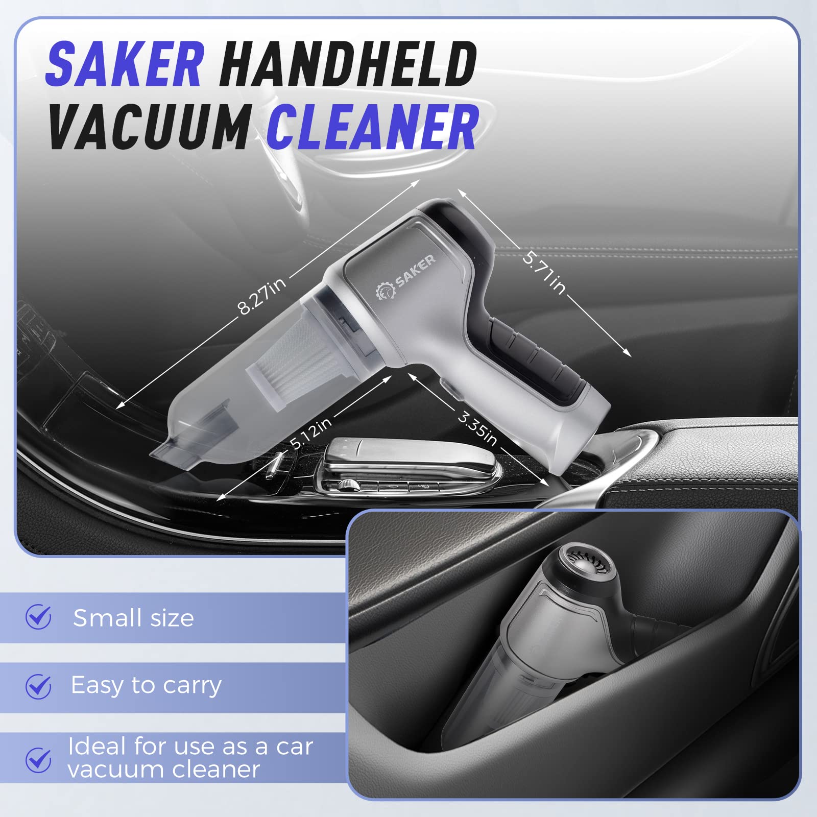 Saker Handheld Vacuum Cleaner Car - Wireless Mini Vacuum Cleaner 3 in 1 Multifunctional Brushless Motor 12000PA with USB-C,Portable Handheld Car Vacuum Cleaner for Keyboard Cleaning, Outdoor and Home