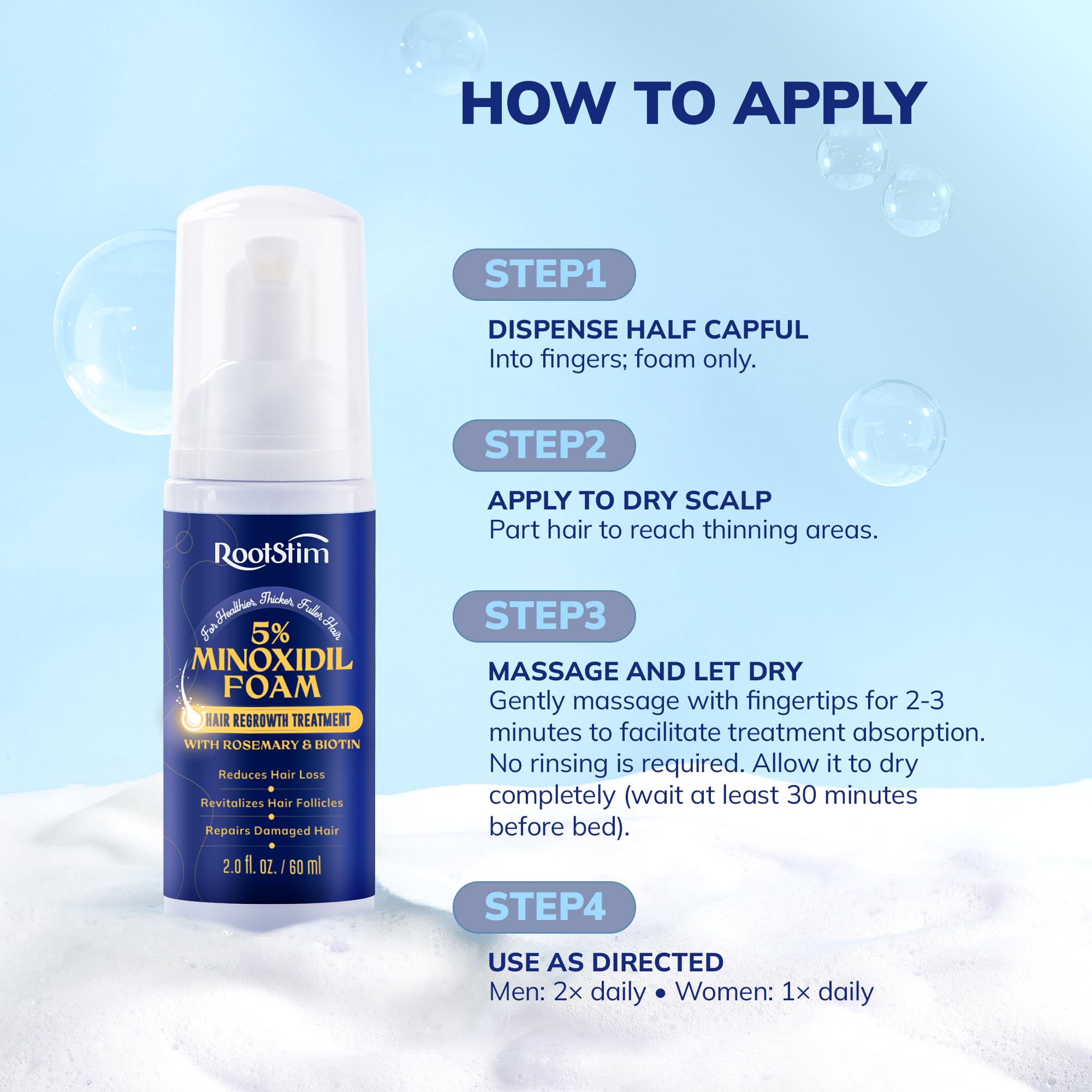 RootStim 5% Minoxidil Foam for men and women, Extra Strength Hair Regrowth Treatment for Thinning Hair and Hair Loss, Hair Follicle Health – Thicker, Fuller Hair Growth Solution 6 FL.OZ