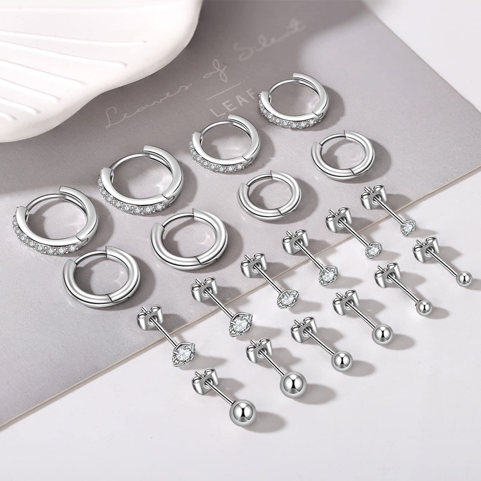 KANOUE 10 Pairs Silver Surgical Steel Earrings Sets for Multiple Piercing Lightweight Small Huggie Hoop Earrings CZ Stud Earrings for Women Trendy Cartilage Hypoallergenic
