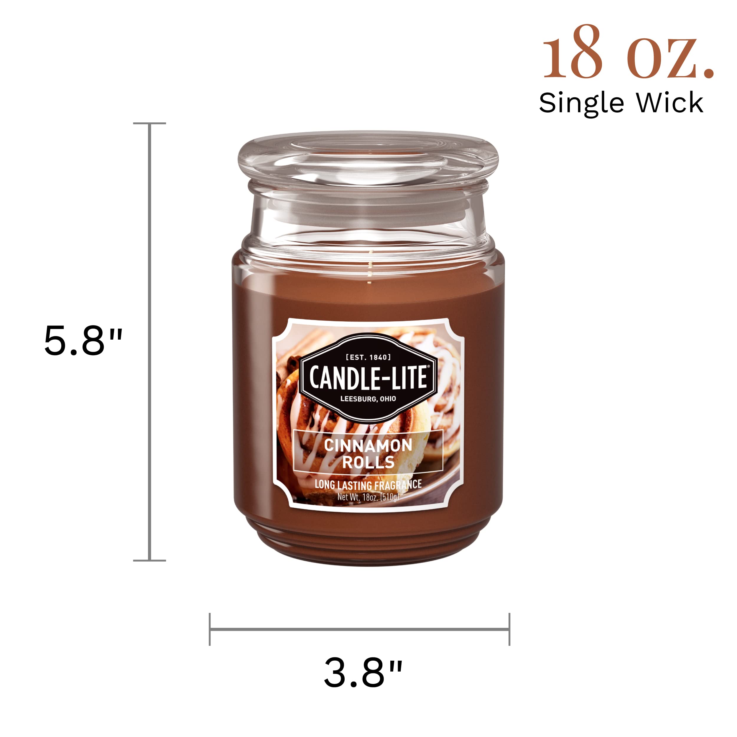Candle-lite Scented Candles, Cinnamon Rolls Fragrance, One 18 oz. Single-Wick Aromatherapy Candle with 110 Hours of Burn Time, Brown Color