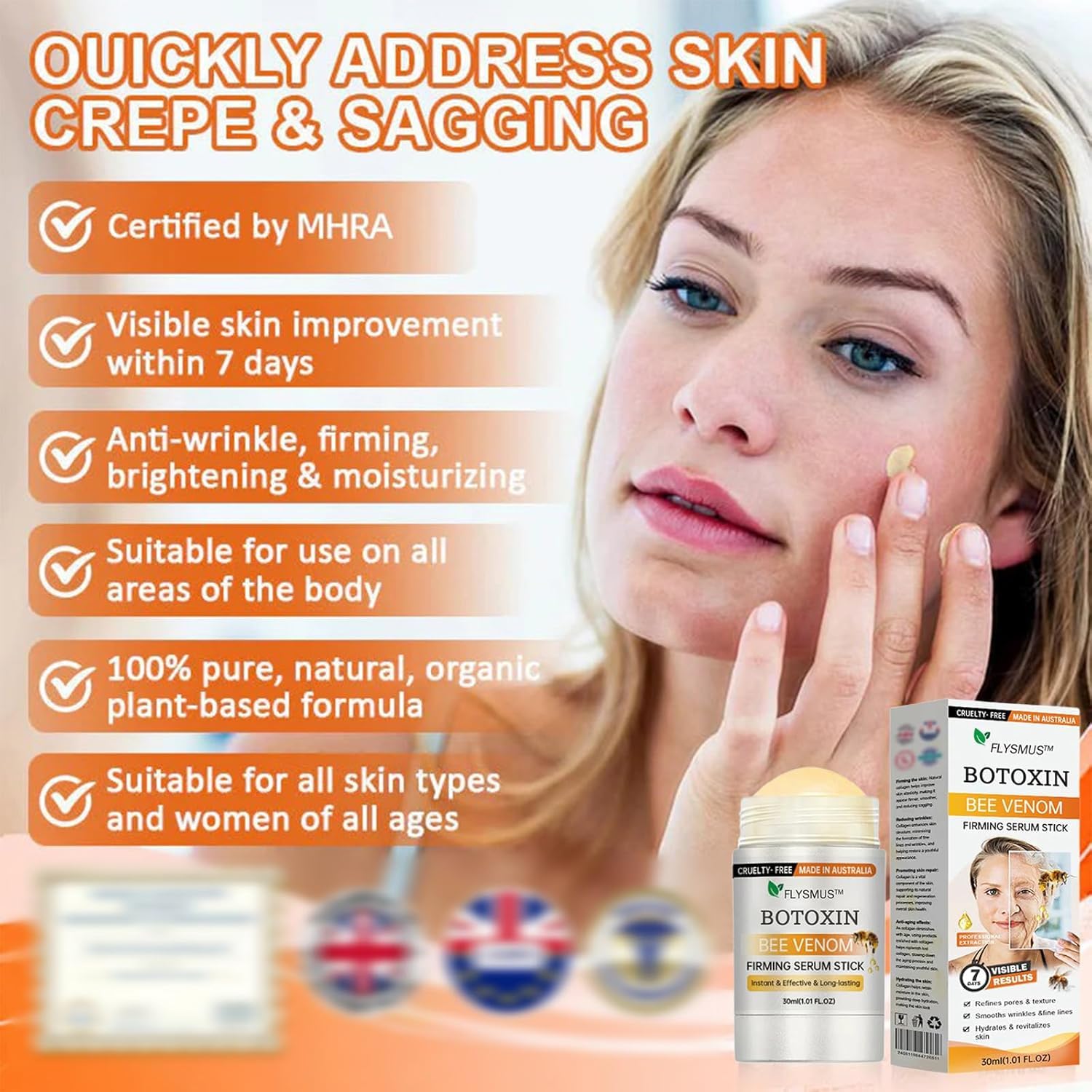 Bee Venom Firming Serum Stick, Firming anti-Wrinkle Cream, Lifts and Tightens the Skin, Effectively Solving Wrinkles and Fine Lines, Natural Bee Venom Serum for All Skin Types (2PCS)
