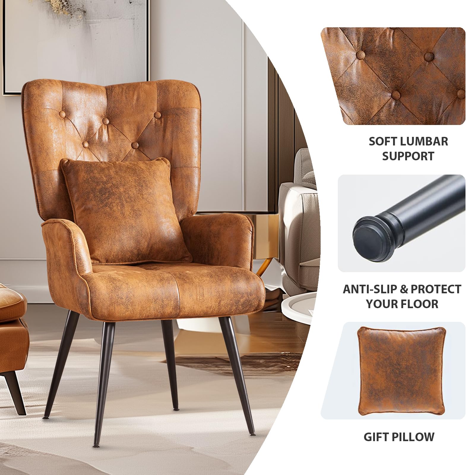 yoyomax Accent Wingback Pillow and Arm, Mid Century Tall Back, Vintage Comfy Upholstered Reading Chair for Living, Bedroom, Dining Room, 40 in, Suede Brown