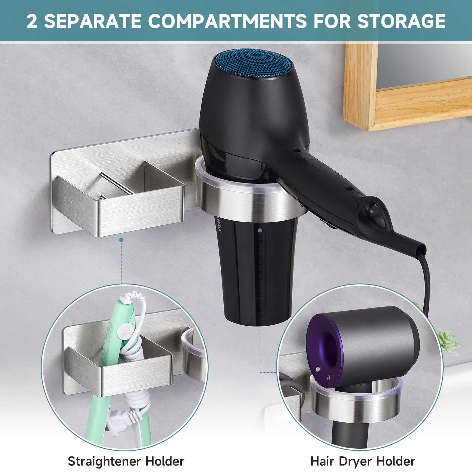Hair Dryer Holder, Hair Tool Organizer, Stainless Steel Blow Dryer Holder Wall Mounted, Adhesive Straightener Holder, Bathroom Hair Care Styling for Flat Iron,Curling Iron,Hairdryer