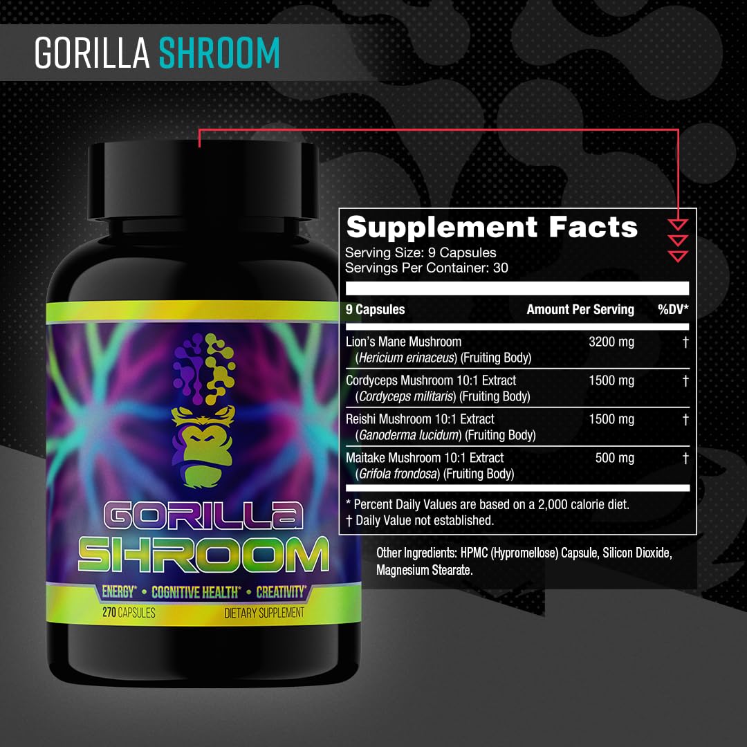 Gorilla Mind Shroom Nootropic Mushroom Supplement (6700mg) - 270 Capsules/Includes Lions Mane, Cordyceps, Reishi, Maitake/Increased Energy Immune Modulation, Enhanced Cognitive Functioning