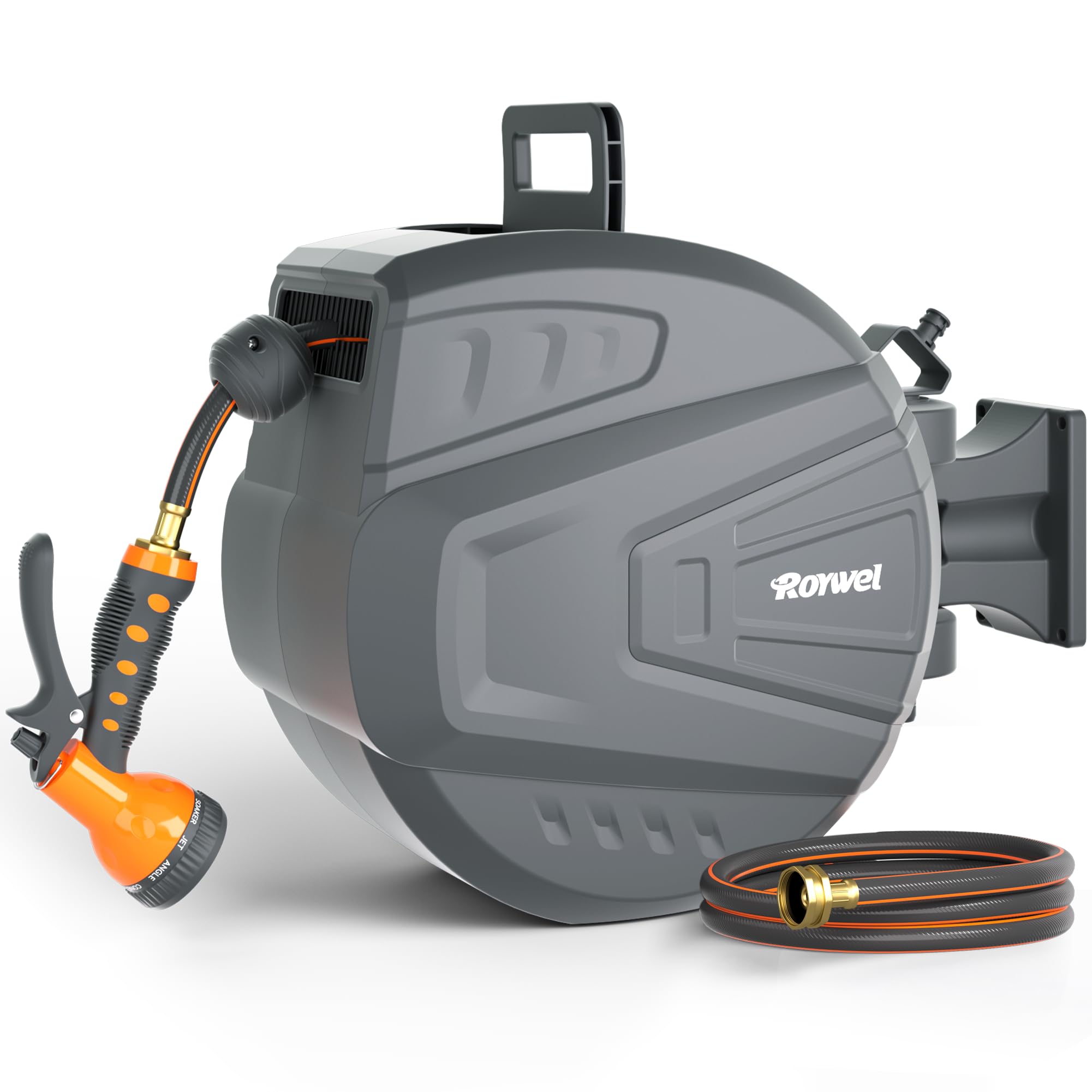 Roywel Retractable Hose Reel 1/2" X 100ft Garden Hose Reel,Auto Rewind/Self-Locking System/Wall Mounted/180°Pivot Bracket With 9- Function Sprayer Nozzle For Garden Lawn Garage watering