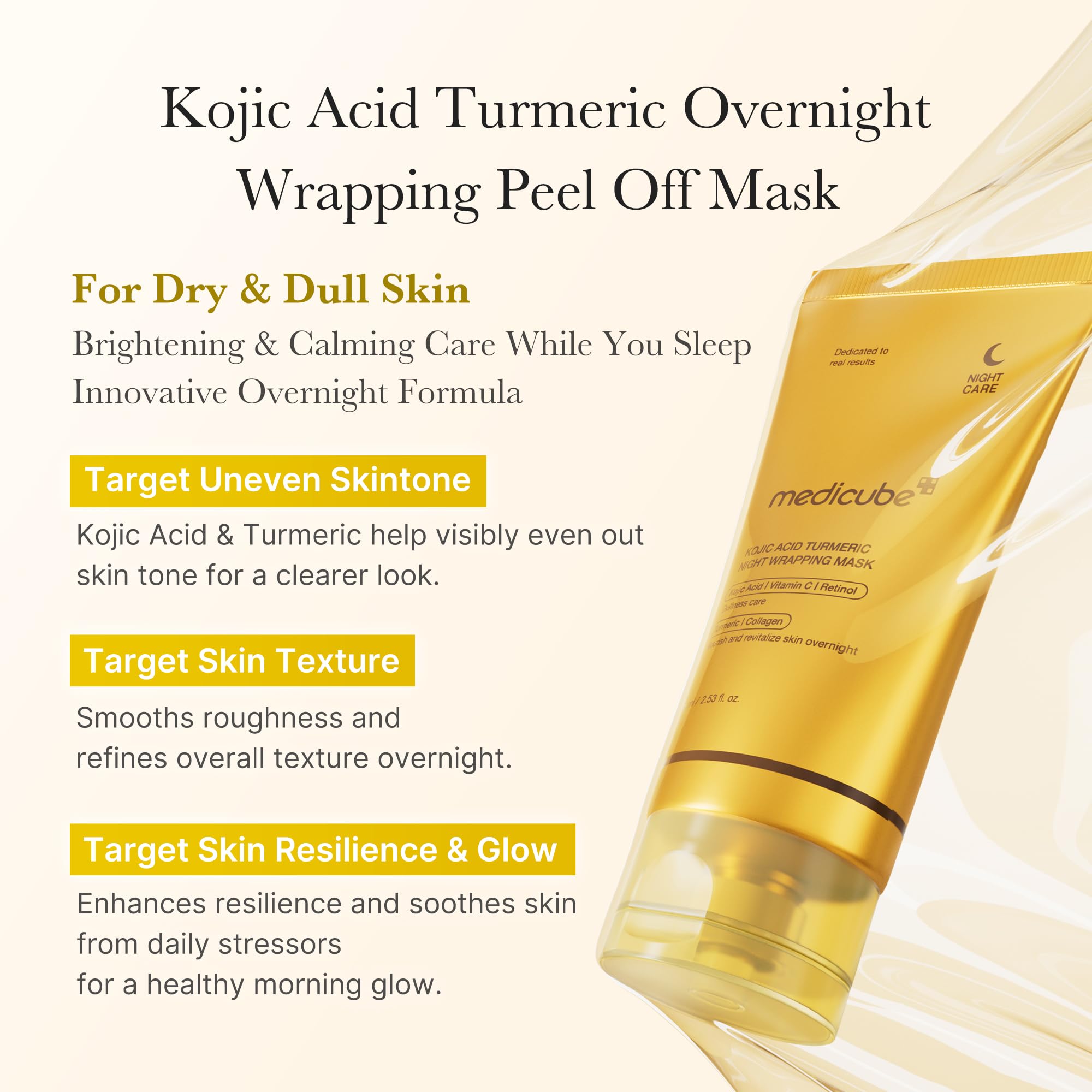 medicube Kojic Acid Prep and Seal Duo for Troubled Skin: Kojic Acid Turmeric Overnight Wrapping Peel Off Mask and Kojic Acid Turmeric Clarifying Toner Pad