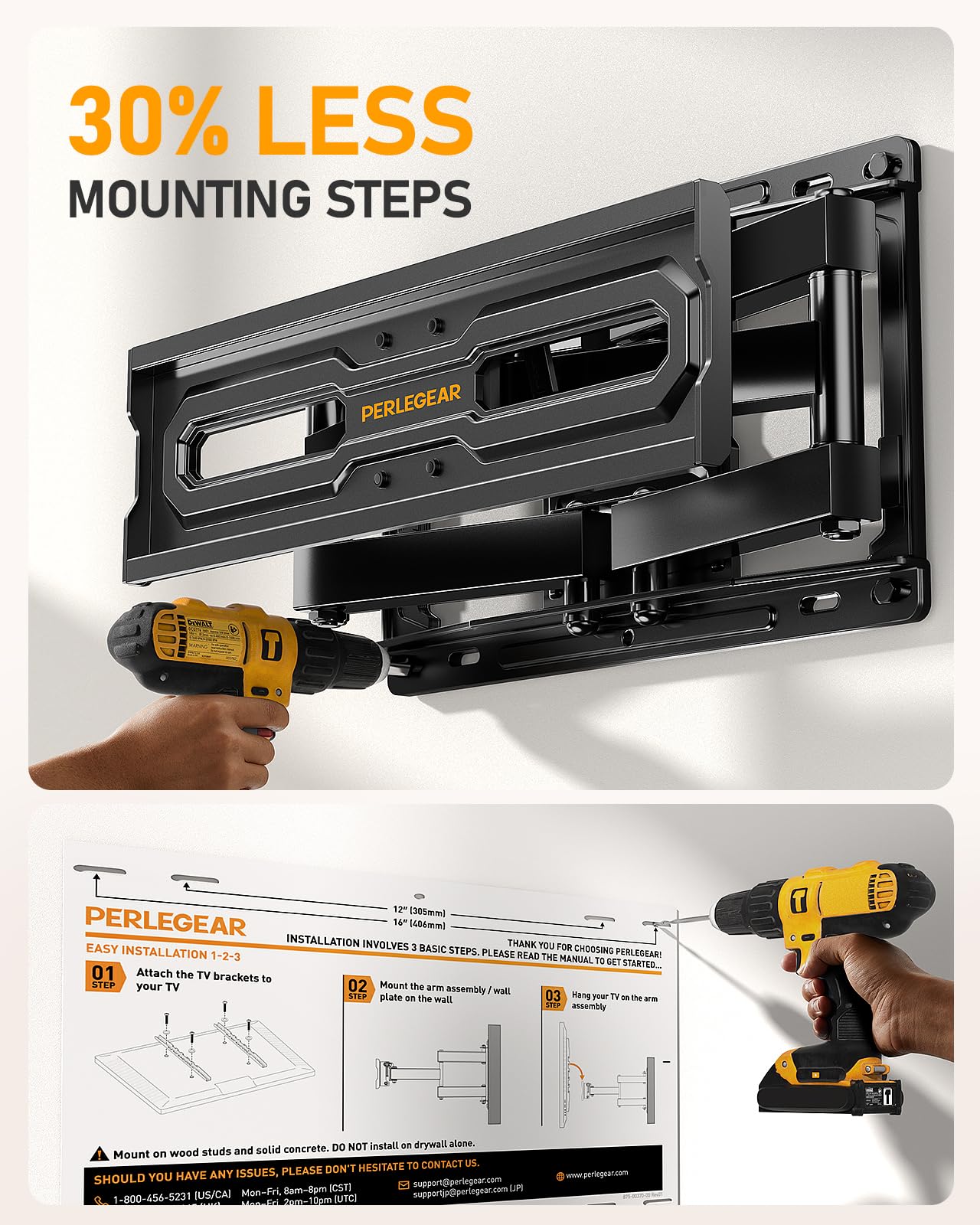 Perlegear Full Motion TV Wall Mount for 32-65 Inch TVs up to 99 lbs, Max VESA 400x400mm, Fits 16”/12” Wood Studs, Adjustable Pre-Assembled TV Wall Mount, Tool-Free Tilt, Swivel & Extension, PGMF21