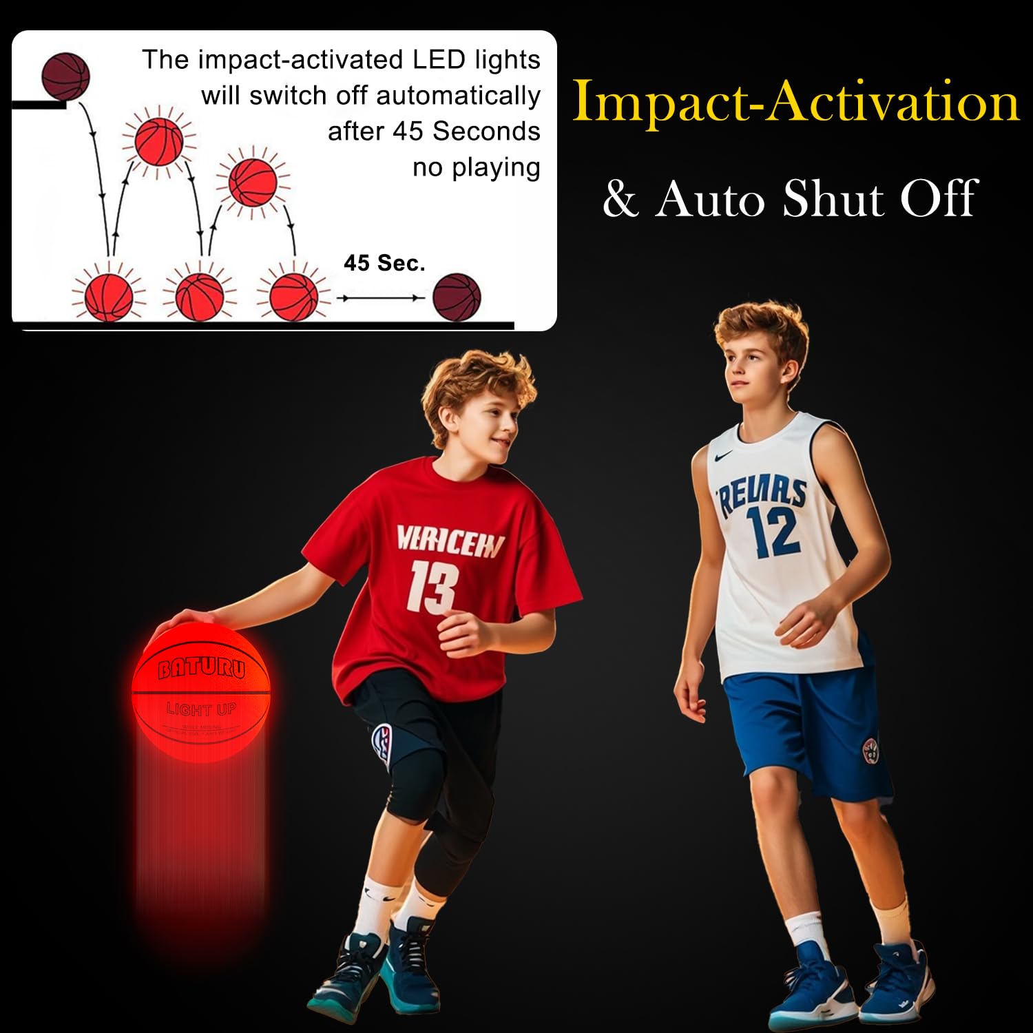 Glow in the Dark Basketball with 2 LED Lights, Size 7 (29.5"), Impact Activated Light Up Basketball for Teen Boys 8-15 Year Old, Indoor Outdoor Youth Basketball Toys Gifts Includes 12 Batteries