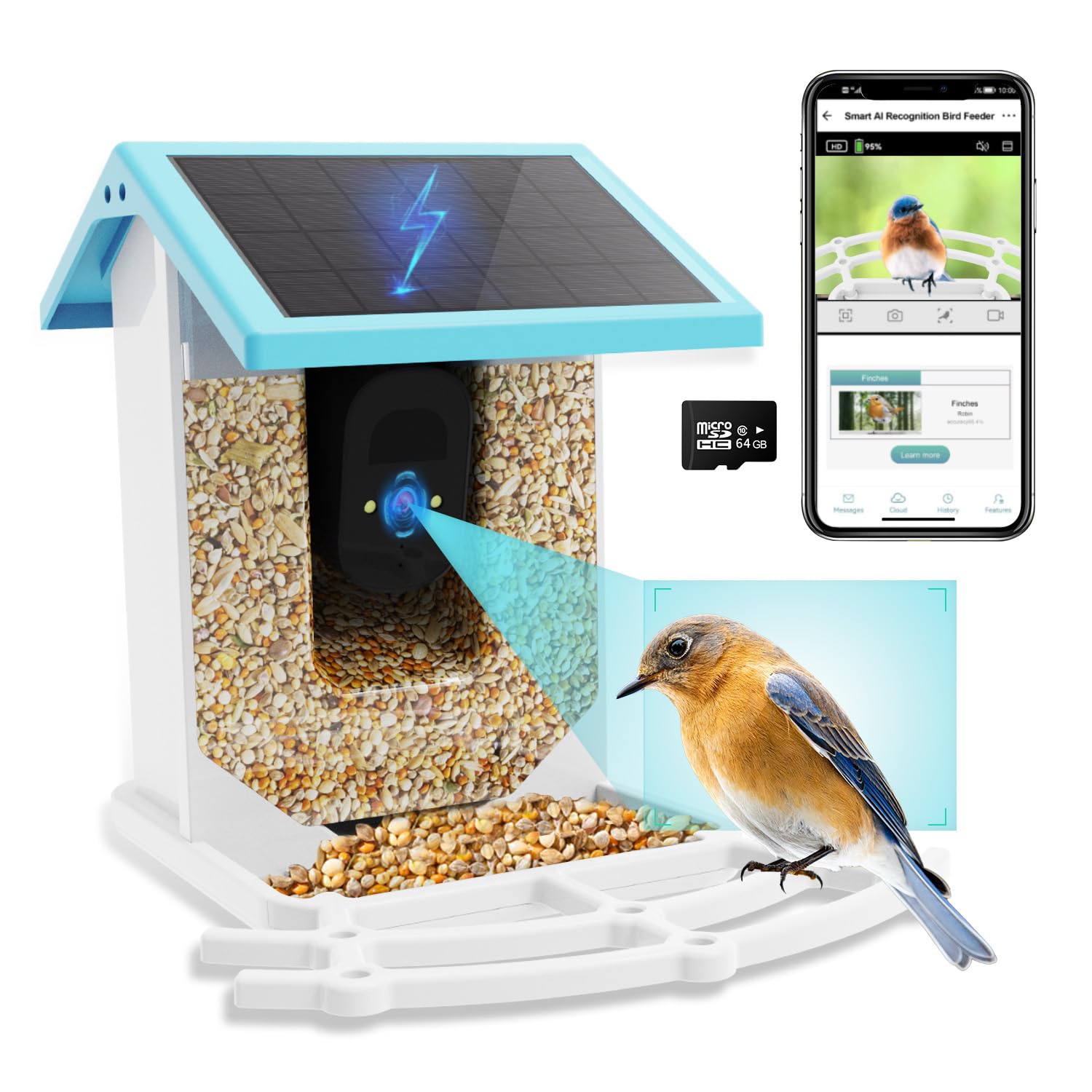 Smart Bird Feeder with Camera - HD AI Identify 11000+ Bird Species, Solar Panel Bird Feeder Auto Detect & Notify, Bird Watching Camera Wireless Outdoor for Bird Lover