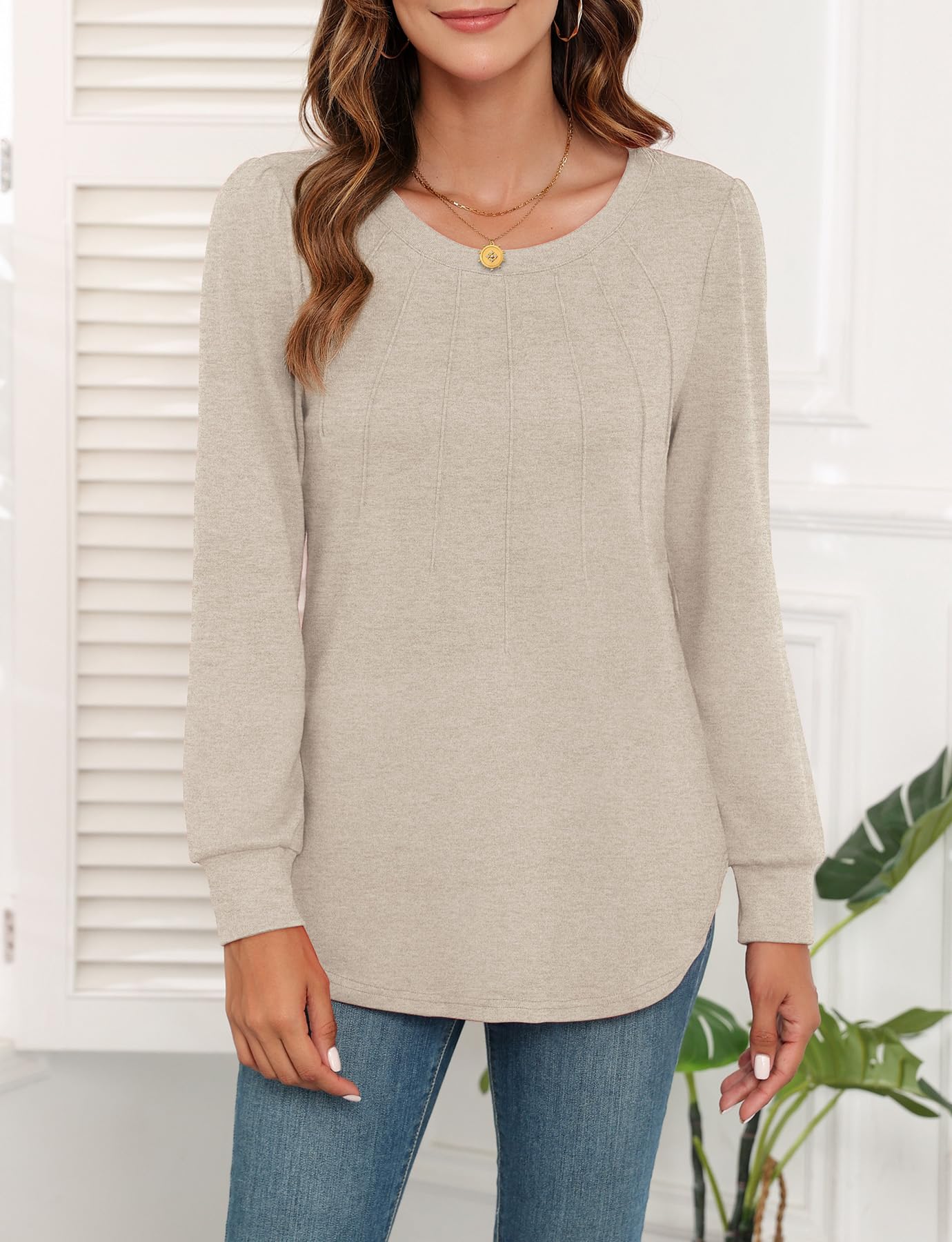 WEACZZY Long Sleeve Shirts for Women Beige Tops Dressy Casual Cute Crew Neck Blouses Work Shirts Loose Tunic Fall Outfits M