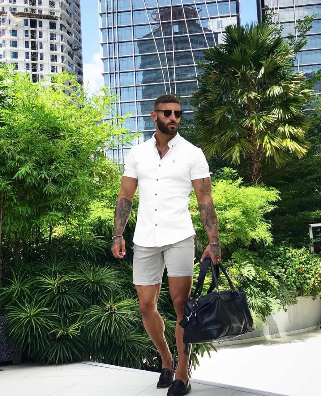 URRU Men's Muscle Dress Shirts Slim Fit Stretch Short Sleeve Casual Button Down Shirt White XL