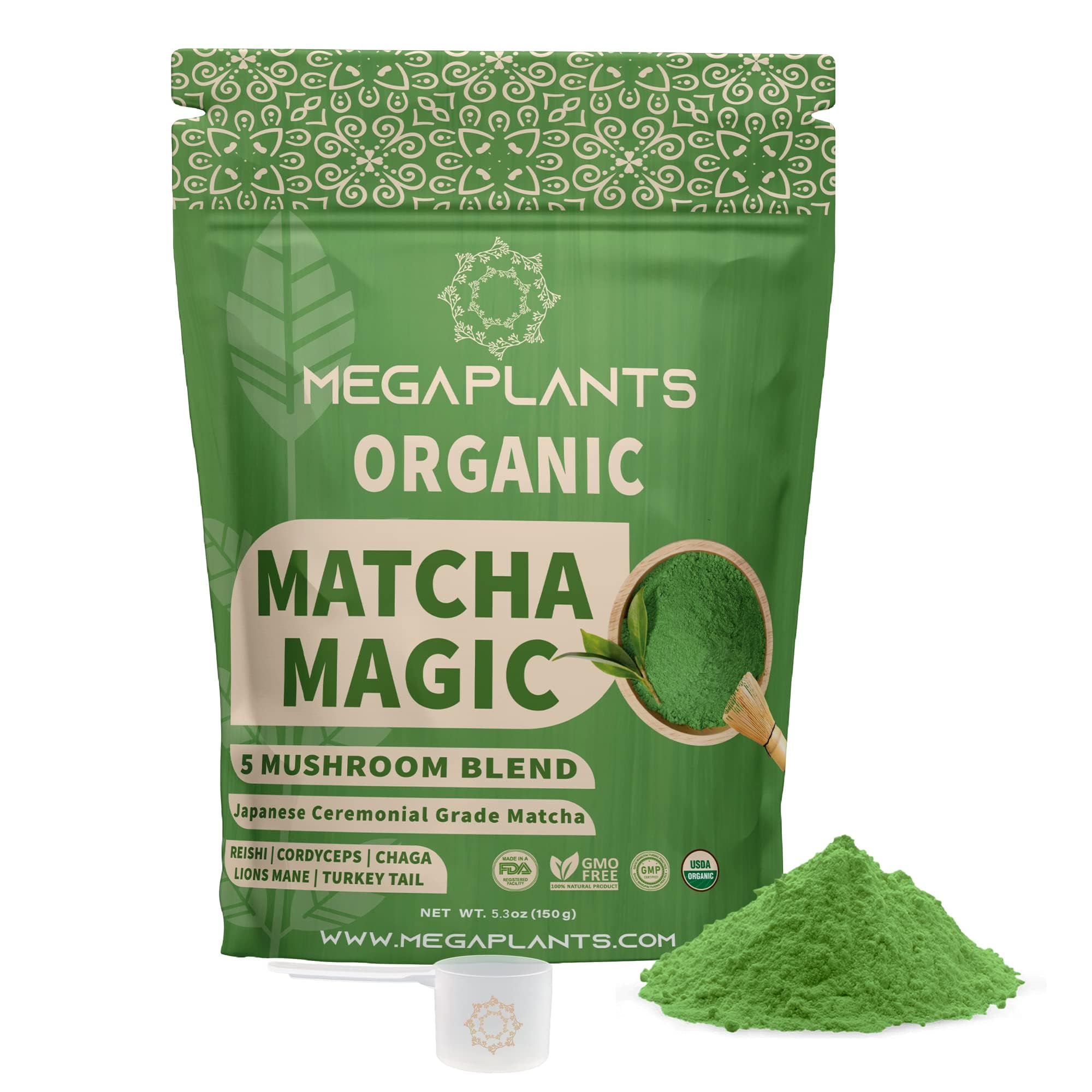 MEGAPLANTS Mushroom Matcha Magic - USDA Organic Ceremonial Grade Japanese Matcha (50 Serving)- with Reishi, Lion’s Mane, Chaga, Cordyceps & Turkey Tail – Superfood for Focus & Energy.