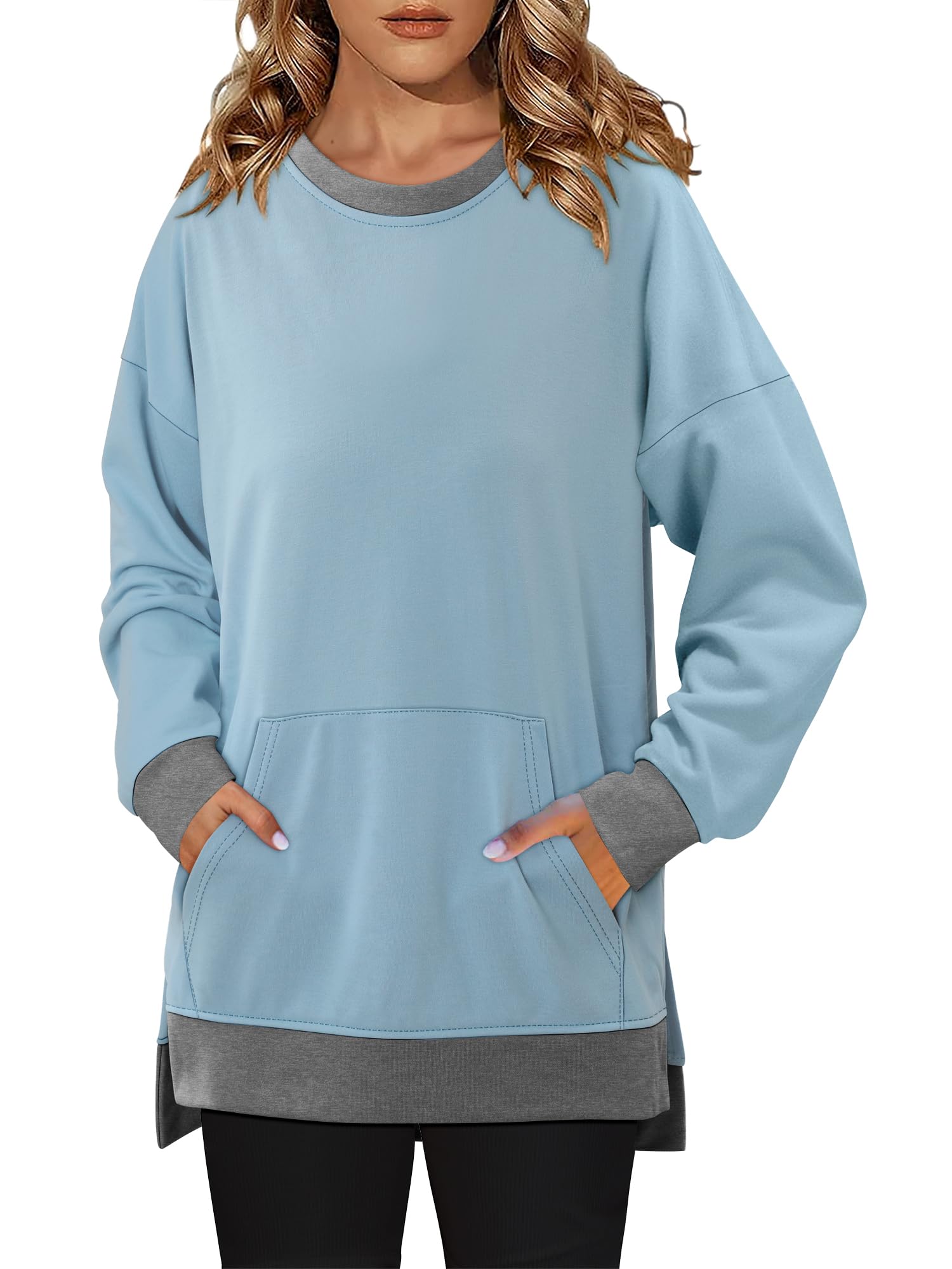 BETTE BOUTIK Cozy Long Sleeve Sweatshirt Women Side Slit Shirts spring winter pocket Tops for Women long Sweatshirt MoonBlue Large