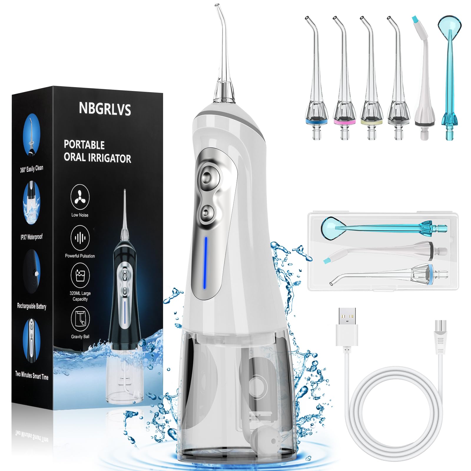 NBGRLVS Water Dental Flosser Cordless for Teeth Pick Cleaning - Powerful Oral Irrigator with 6 Adjustable Modes,320ML Portable & Rechargeable IPX7 Waterproof Cleaner Picks for Home Travel (White)