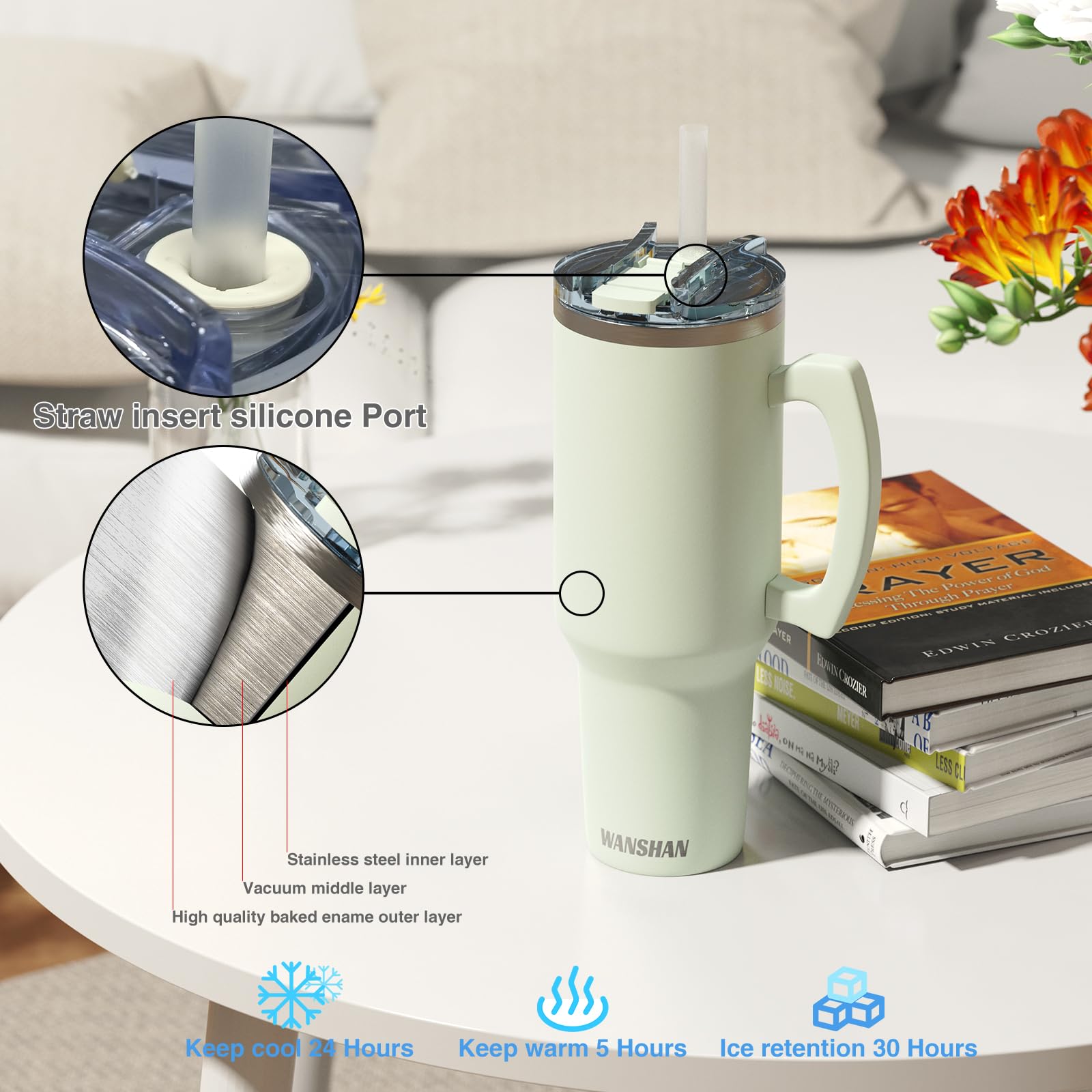 WANSHAN 40 oz Tumbler with Handle and Straw Lid - Steel water bottle Travel Mug Iced Coffee Cup, Insulated Reusable Stainless