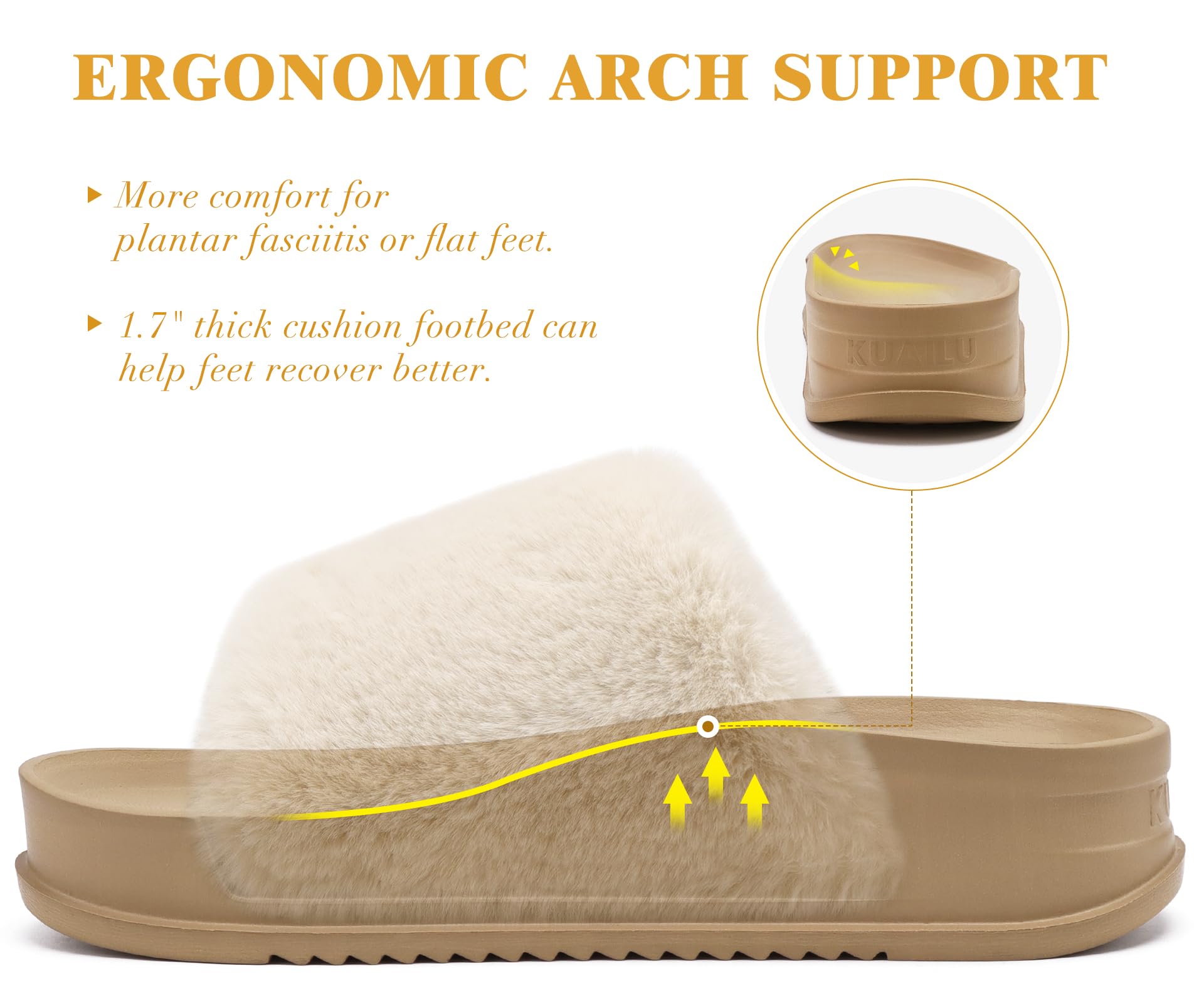 KuaiLu Womens Slides Soft Cushion Faux Fur Sandals for Women Open Toe House Slipper with Arch Support Ladies Slip On Fuzzy Platform Slipper Indoor Outdoor,Beige Size 8