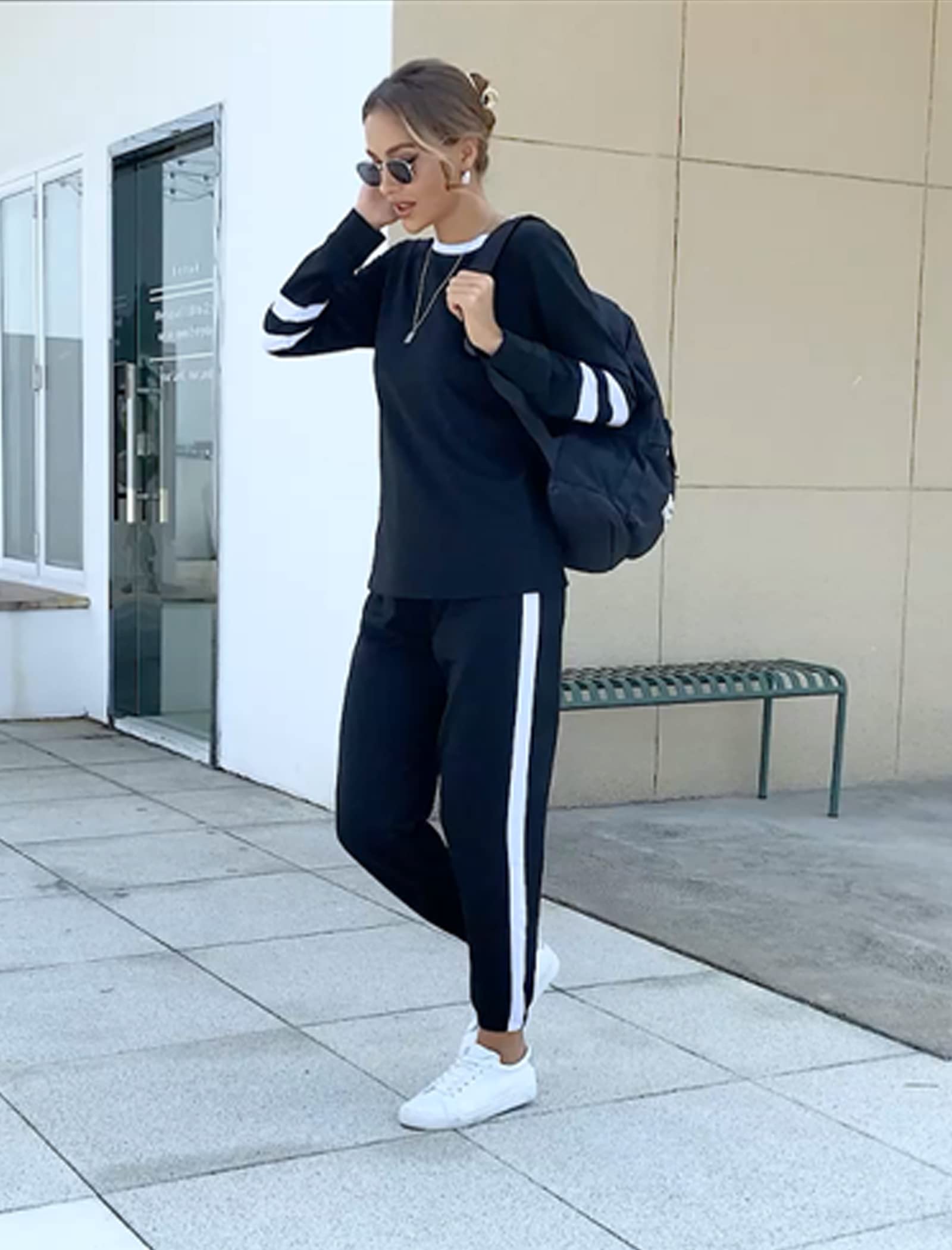 Aloodor Travel Outfits for Women Two Piece Outfits Sweatsuits Sets Loose Fitting Drawstring Sweatpants Vacation Black M