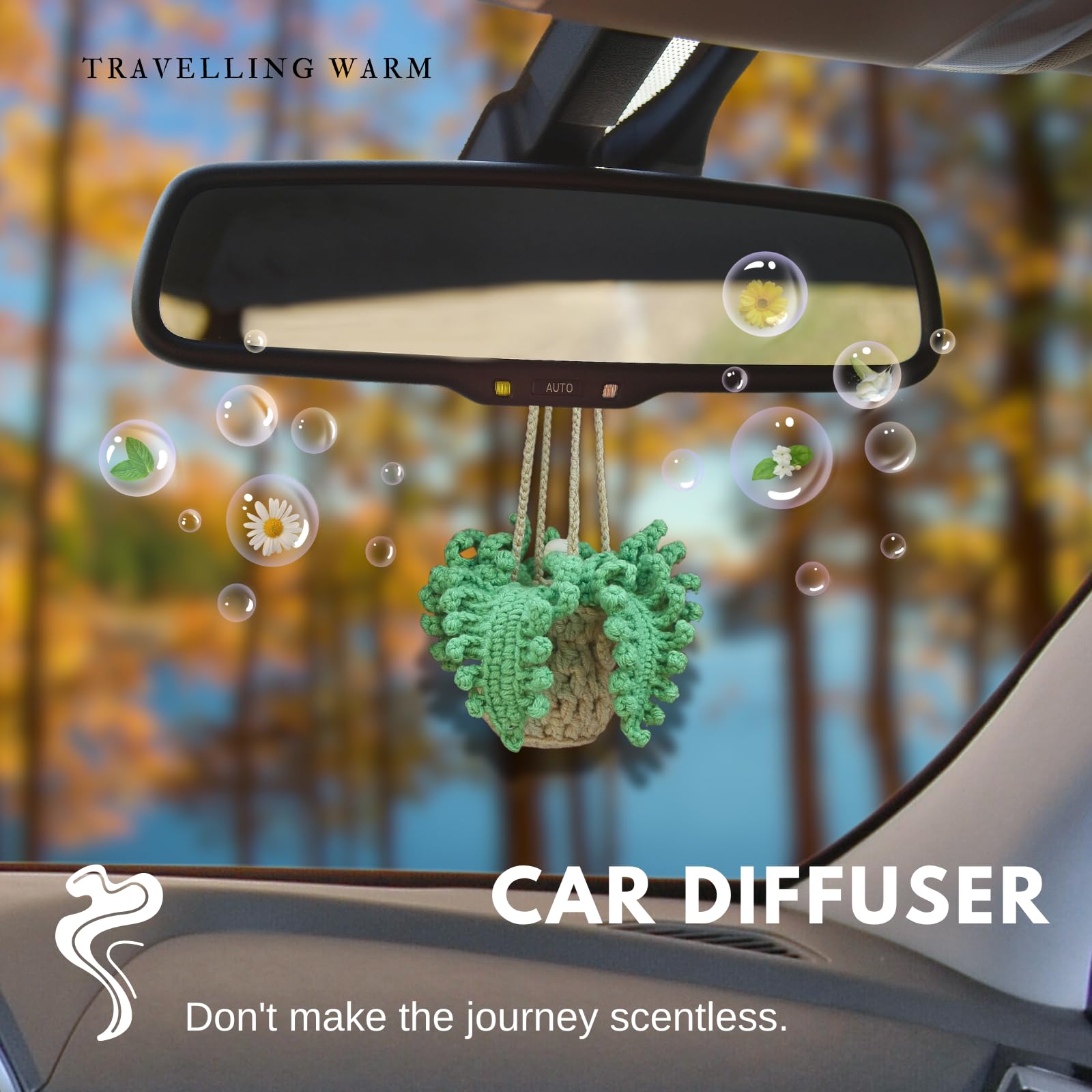 Crochet Car Air Freshener,12ml Empty Refillable Car Diffuser Bottle with Cute Potted Plants Car Mirror Hanging Accessories Car Air Hanging Fragrance Oil Diffuser,Long Lasting Car Diffuser Bottle