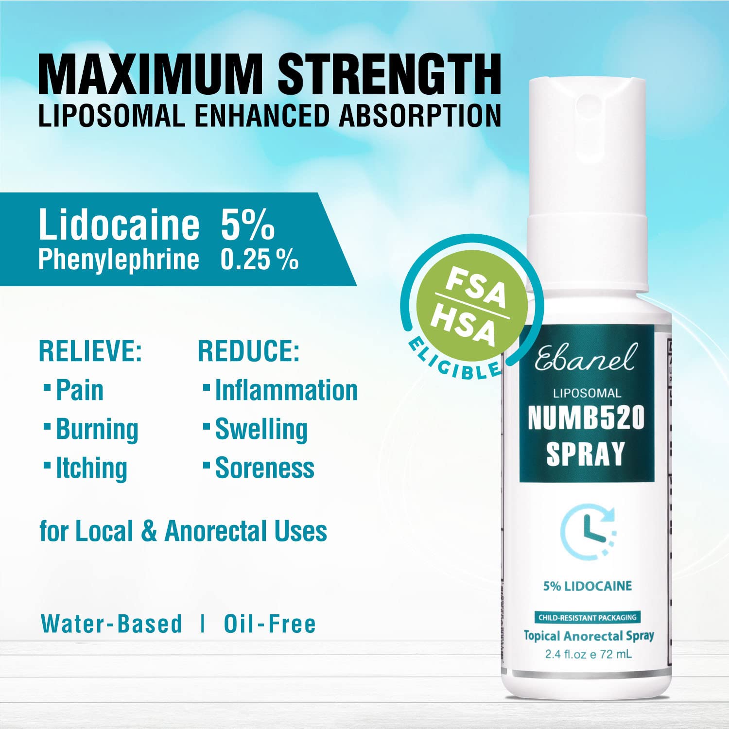 Ebanel Set of 5% Lidocaine Numbing Cream and 5% Lidocaine Spray Pain Relief Numbing Spray for Skin, Maximum Strength Topical Anesthetic to Numb Pain Burn Itch for Local and Anorectal Uses