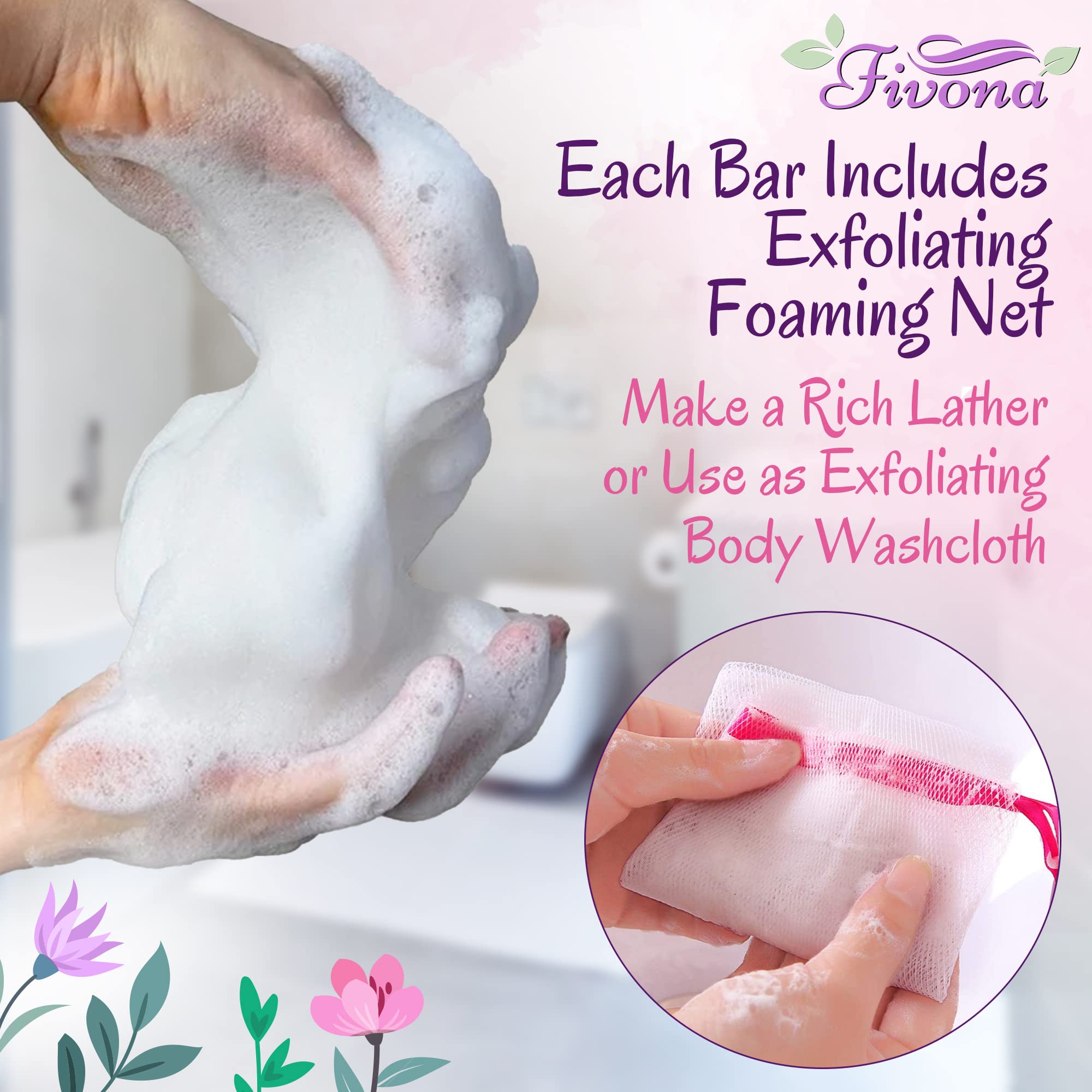 FIVONA Yoni Soap Herbal Bar 5.3oz for Gentle Feminine Intimate Wash and Whole Body All-Natural Handmade Includes Exfoliating Scrubber Foaming Net - Natural Detox and Vagi Cleansing
