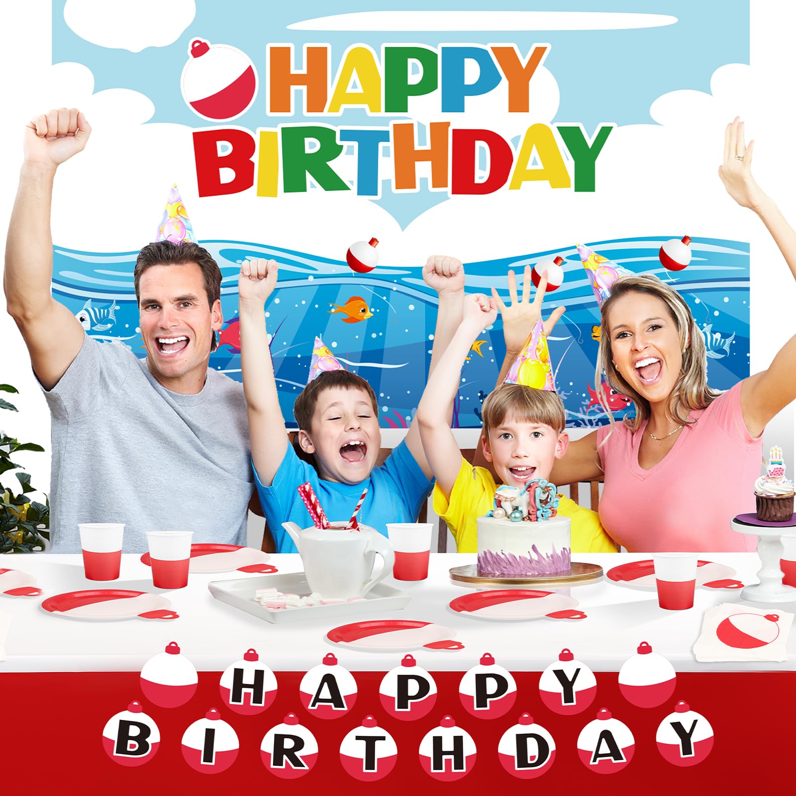 TWOWYHI 183PCS Gone Fishing Birthday Decorations Party Supplies Set 24 Guests Fishing Birthday Party Paper Plates Napkins Cups Banner Backdrop Tablecloth for Fishing Party Decorations Tableware Set