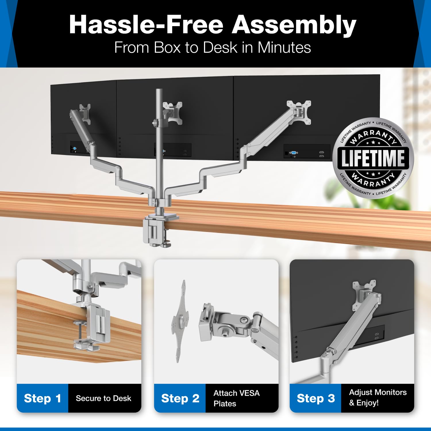 Mount-It! Triple Monitor Mount with USB and Audio Ports, 3 Monitor Desk Mount, Balanced Height Adjustable Triple Monitor Stand for Three Computer Screens 24 27 30 32 Inch VESA Screens, Gaming, Office