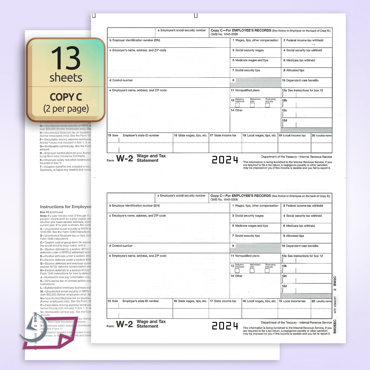 W2 Forms for 2024, 4 Part Tax Forms, Laser Ink/Jet Forms for QuickBooks and Accounting Software (Set of 25 with Self Seal Envelopes)