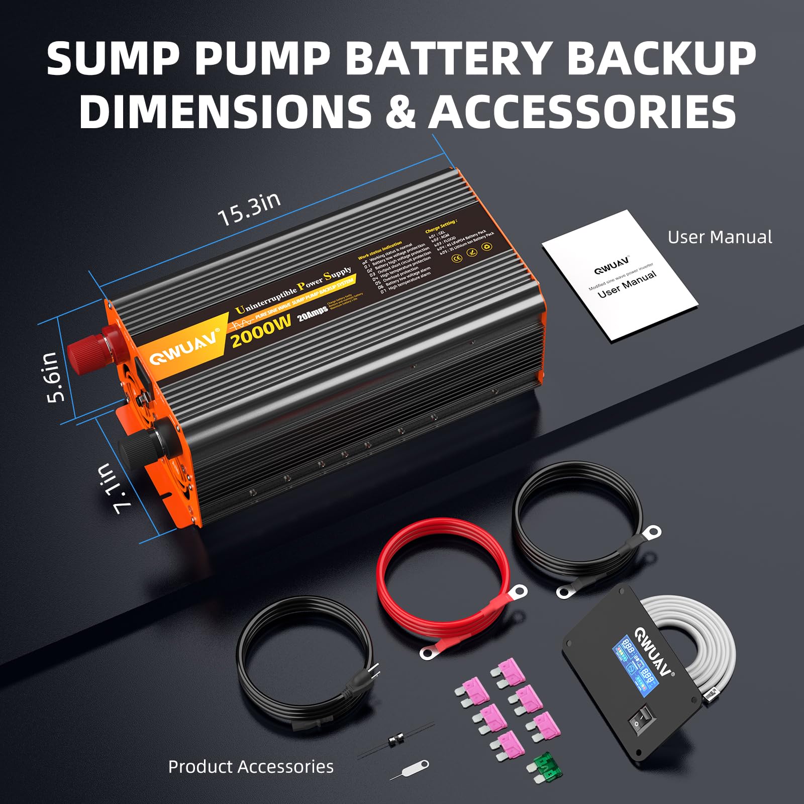 QWUAV 2000W Sump Pump Battery Backup, 2500W Sump Pump Battery Backup System for Power Outage and Emergency, Adjustable Multifunctional LCD Screen, Automatic Switching for Grid and Battery