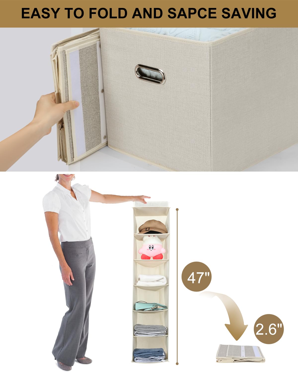 NEATJELAI 2 Pack Hanging Closet Organizer 6 Tier Large Hanging Shoe Organizer Shelves for Closet Wardrobe Baby Clothes Organization and Storage, Foldable Design, Beige,12" D x 47" W x 12" H