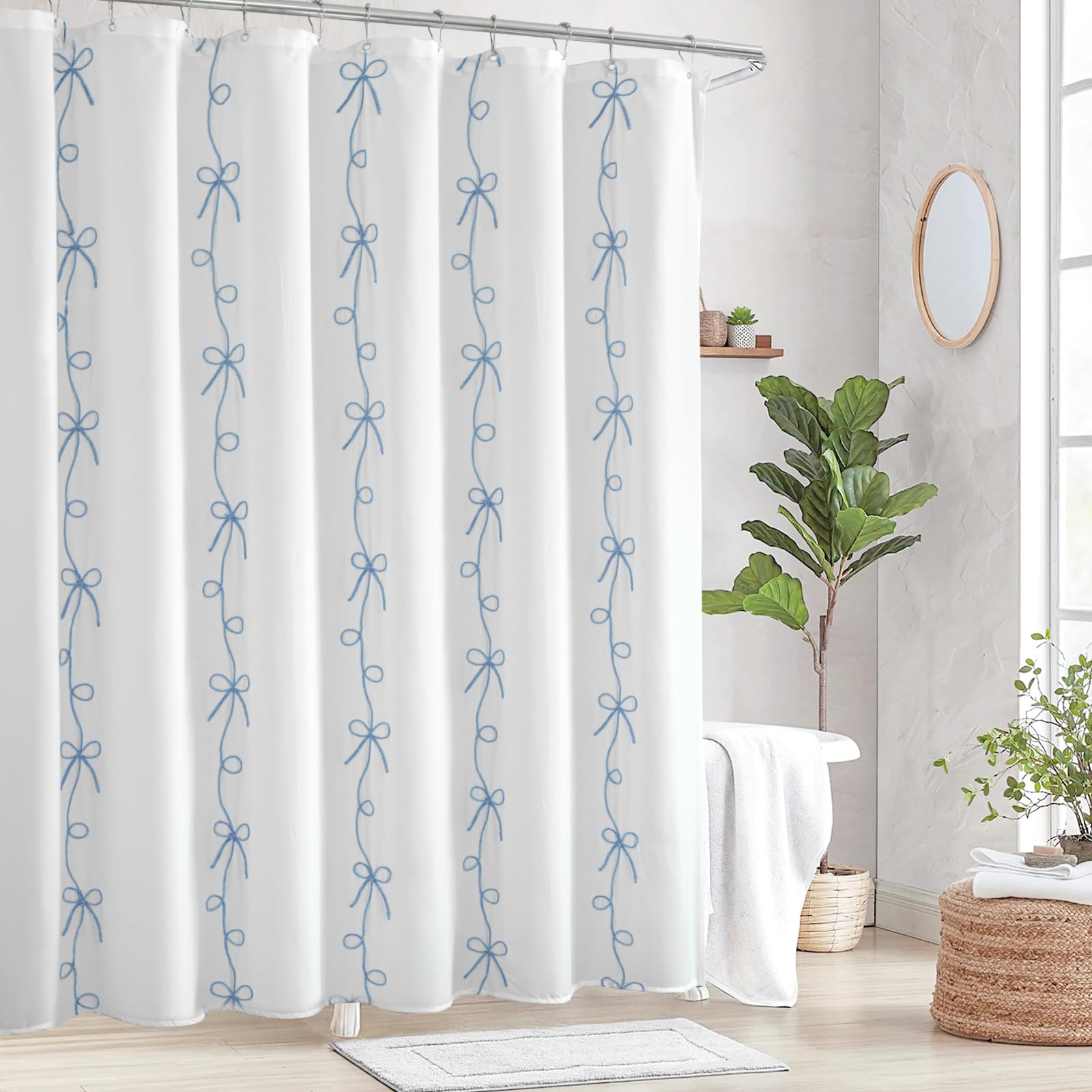 Seasonwood Blue Bow Shower Curtain Cute Fabric Shower Curtain 72 x 72 Inches, Aesthetic Embroidered Textured Shower Curtains Elegant Pretty Bathroom Decor