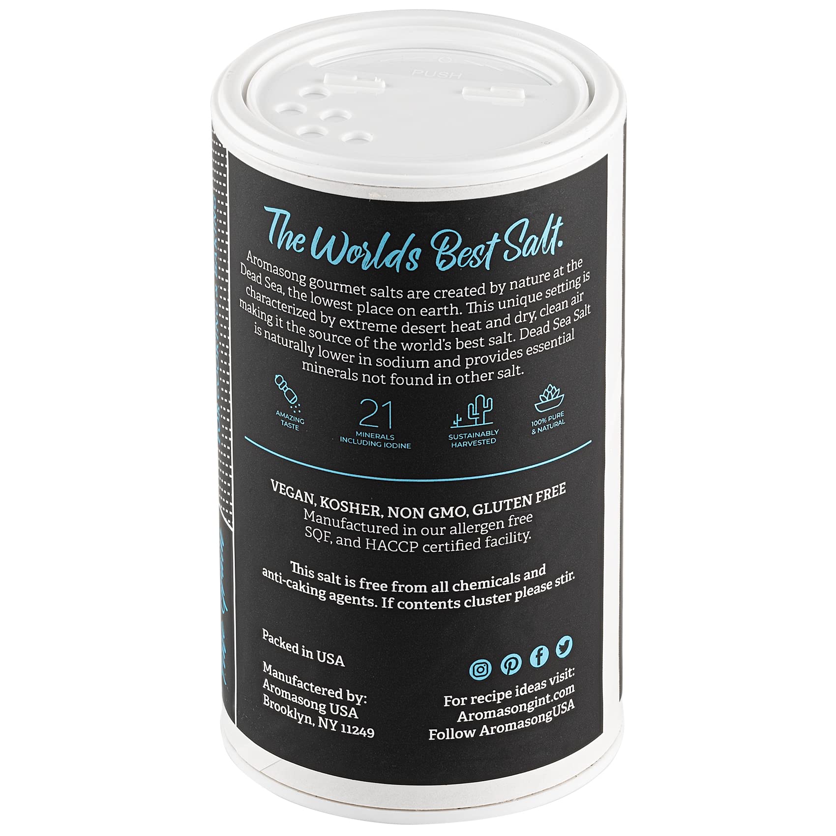 Aromasong Low Sodium Sea Salt 13 OZ. Salt Shaker 100% Natural Fine Grain Dead Sea Potassium Chloride with Dead Sea Salt.