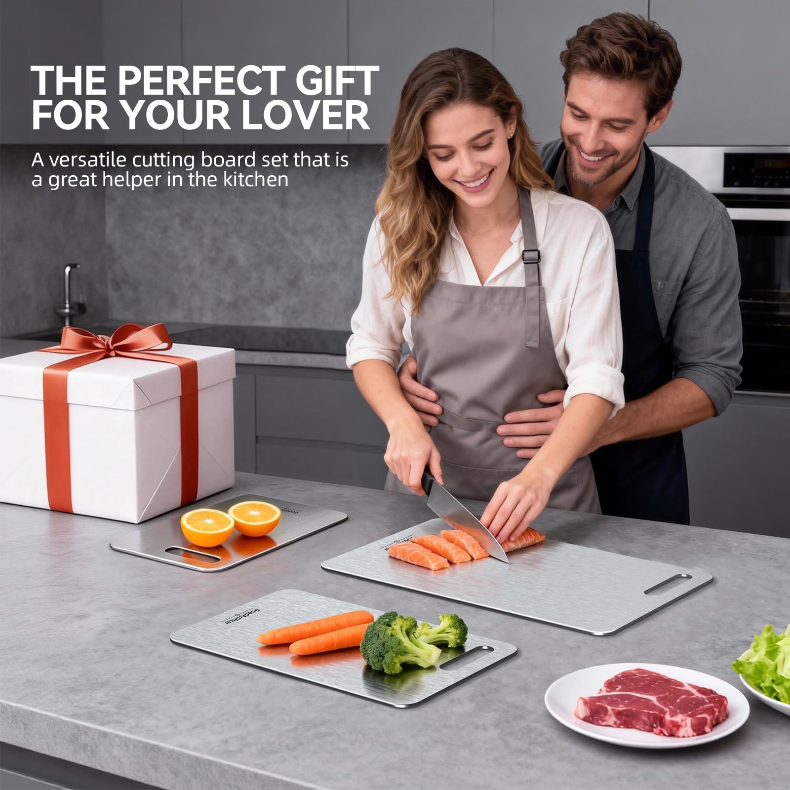 Titanium Cutting Boards Set of 3, 100% Pure Titanium Kitchen Cutting Board, Double-Sided Non-Toxic Cutting Board, Ideal for Slicing and Dicing Meats, Features Handle, Dishwasher Safe
