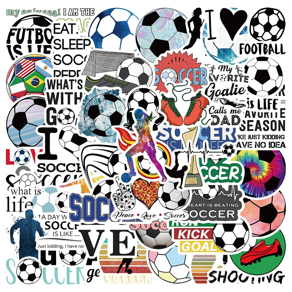Soccer Stickers for Water Bottles, I Love Soccer Stickers for Kids, Boys, Teens, Adults, 50PCS Vinyl Waterproof Stickers Bulk Gift, Soccer Sports Party Favors, Soccer Decorations (Soccer)