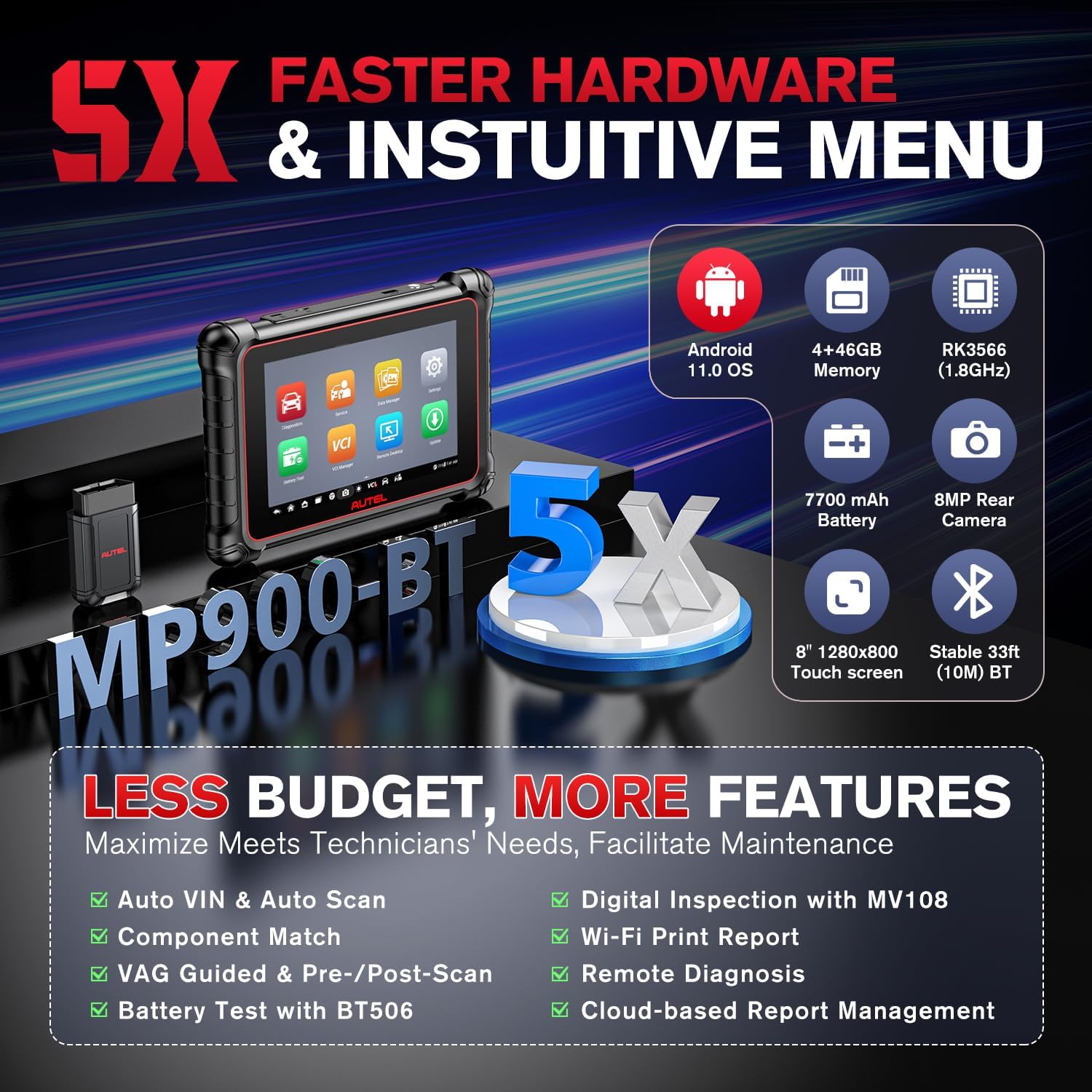 Autel MaxiPRO MP900-BT w/ $60 MV108S: 2025 OS11 MP900BT Lite Ver. of MS906 PRO, ECU Coding, 3K+ Active Test, 40+ Reset, Up of MP900 MS906BT MP808S MP808BT PRO, CAN FD/DoIP, Scan VIN, Work w/ BT506