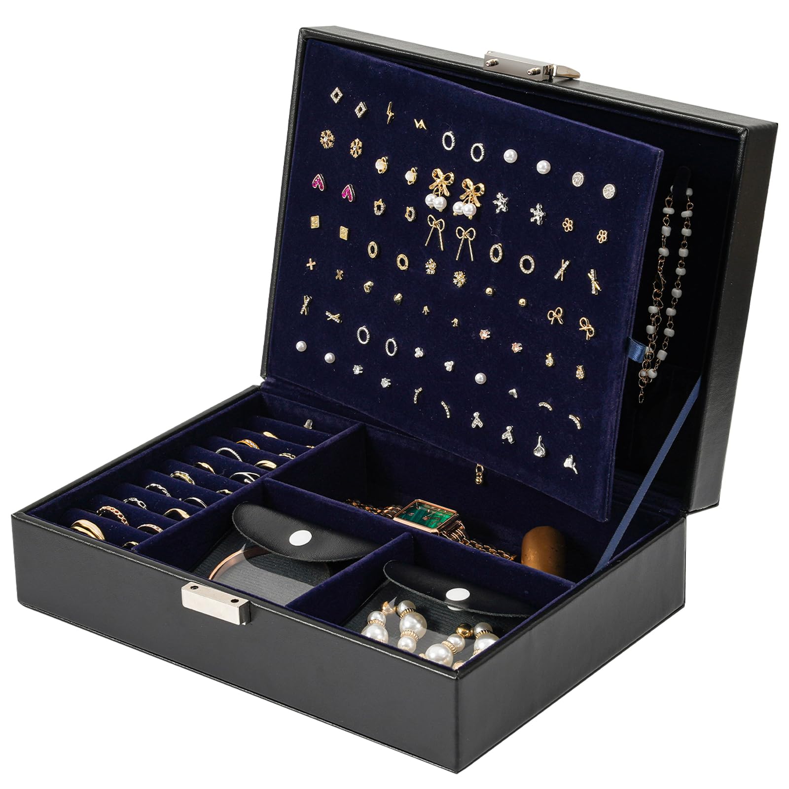 ProCase Jewelry Box Organizer for Women Girls Mothers Day Gift, Upgraded Jewelry Case with 8 Extra Tarnish Free Bags, PU Leather Jewellery Holder Storage Container for Earrings Necklaces Rings -Black