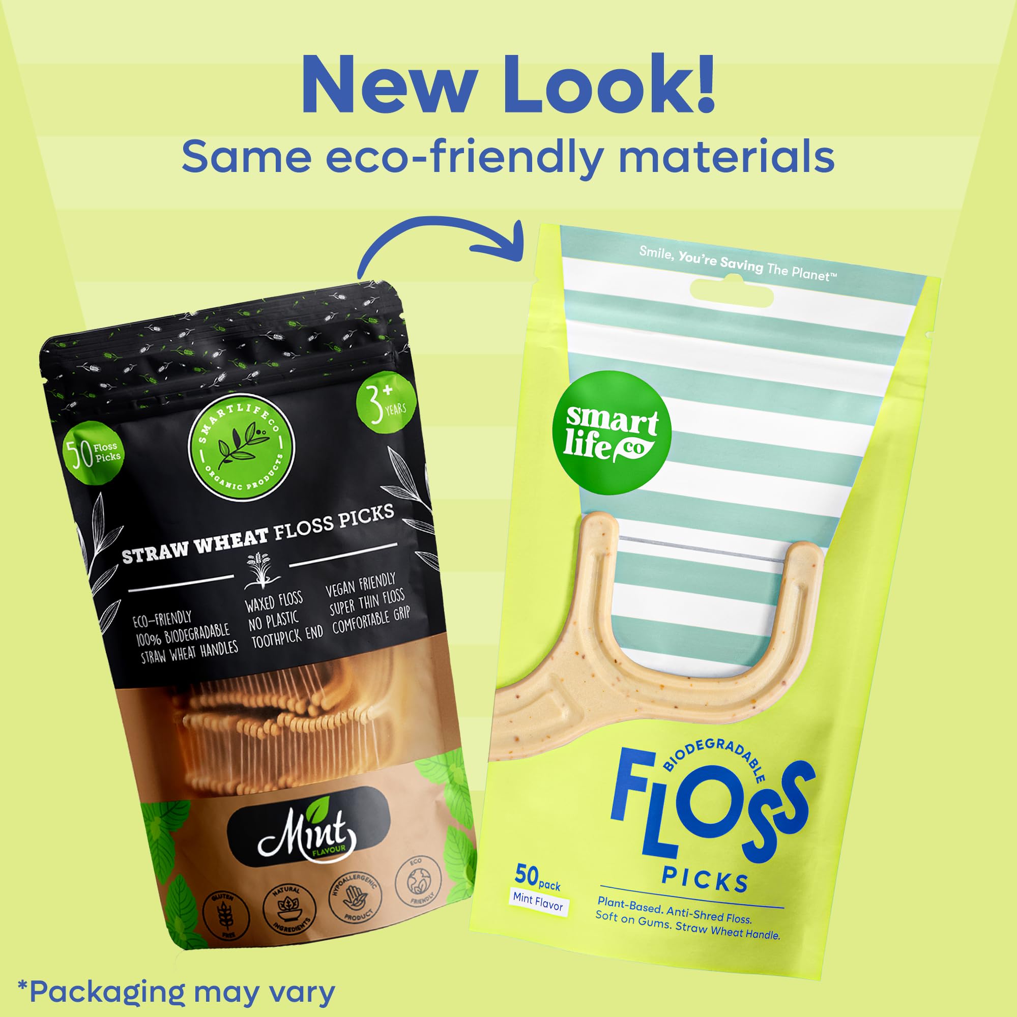 SMARTLIFECO Biodegradable Dental Floss Picks - Plant Based Handle, Thin Thread Tooth Flossers for Adults & Kids, Eco Friendly Toothpick Soft on Gum & Teeth, Compostable Zero Waste Vegan, 100 Mint