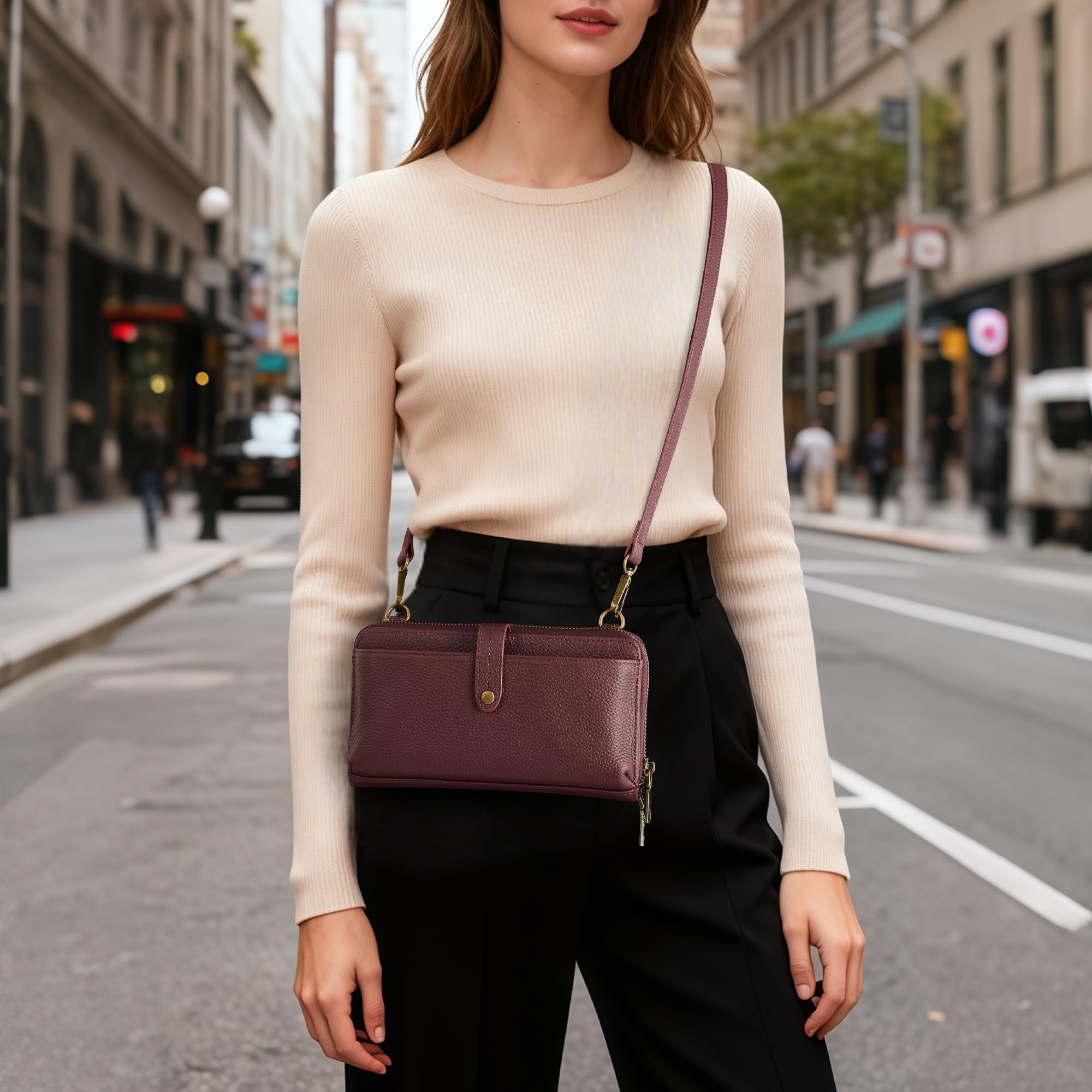 befen Genuine Leather Clutch Purse for Women Burgundy Purse with Built in Wallet RFID Wristlet Wallets Cell Phone Crossbody Travel Soft Real Leather Crossbody Bags Small Wristlet Clutch with 2 Straps