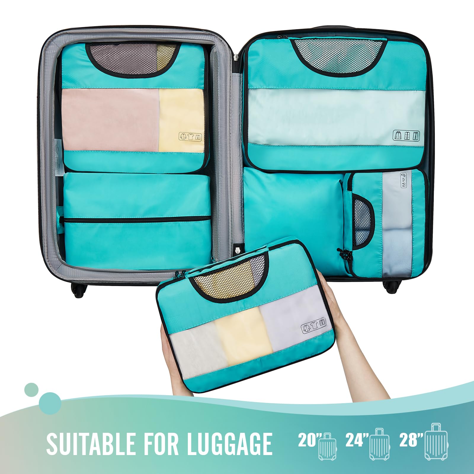 Veken 6 Set Packing Cubes for Suitcases, Travel Essentials for Carry on Luggage, Suitcase Organizer Bags Set for Travel Accessories in 4 Sizes(Extra Large, Large, Medium, Small),Cyan